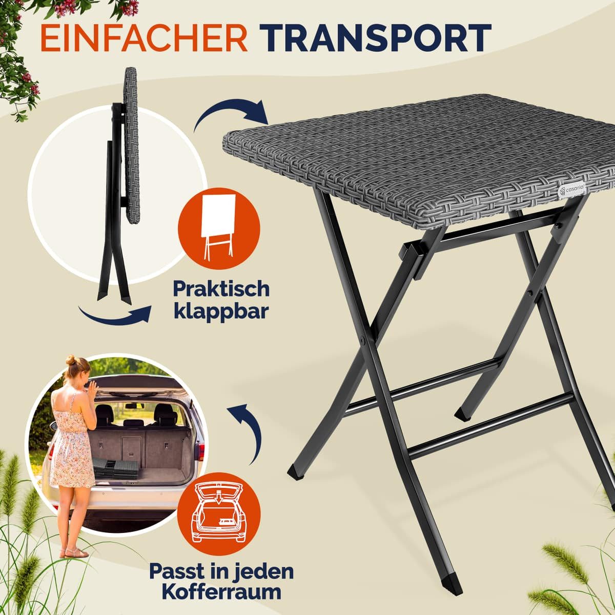 Casaria Gartentisch, Polyrattan 65x65cm Platzsparend Klappbar Tragbar 60kg Belastbarkeit