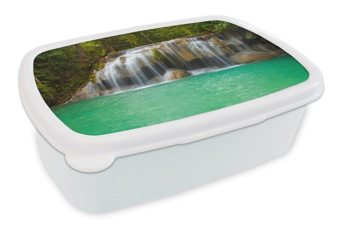 MuchoWow Lunchbox Ein Wasserfall in grüner Umgebung im Erawan-Nationalpark, Thailand, Kunststoff, (2-tlg), Brotbox für Kinder und Erwachsene, Brotdose, für Jungs und Mädchen weiß