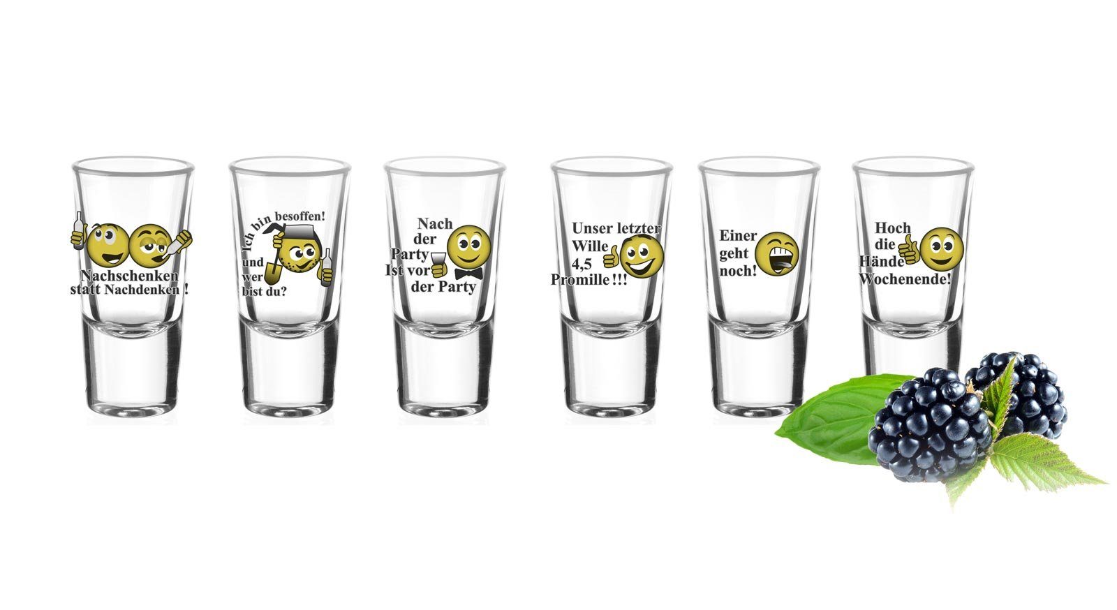 Sendez Schnapsglas 6 Schnapsgläser mit Sprüchen Schnaps Shots Stamper Wodkagläser, 6-tlg., Glas