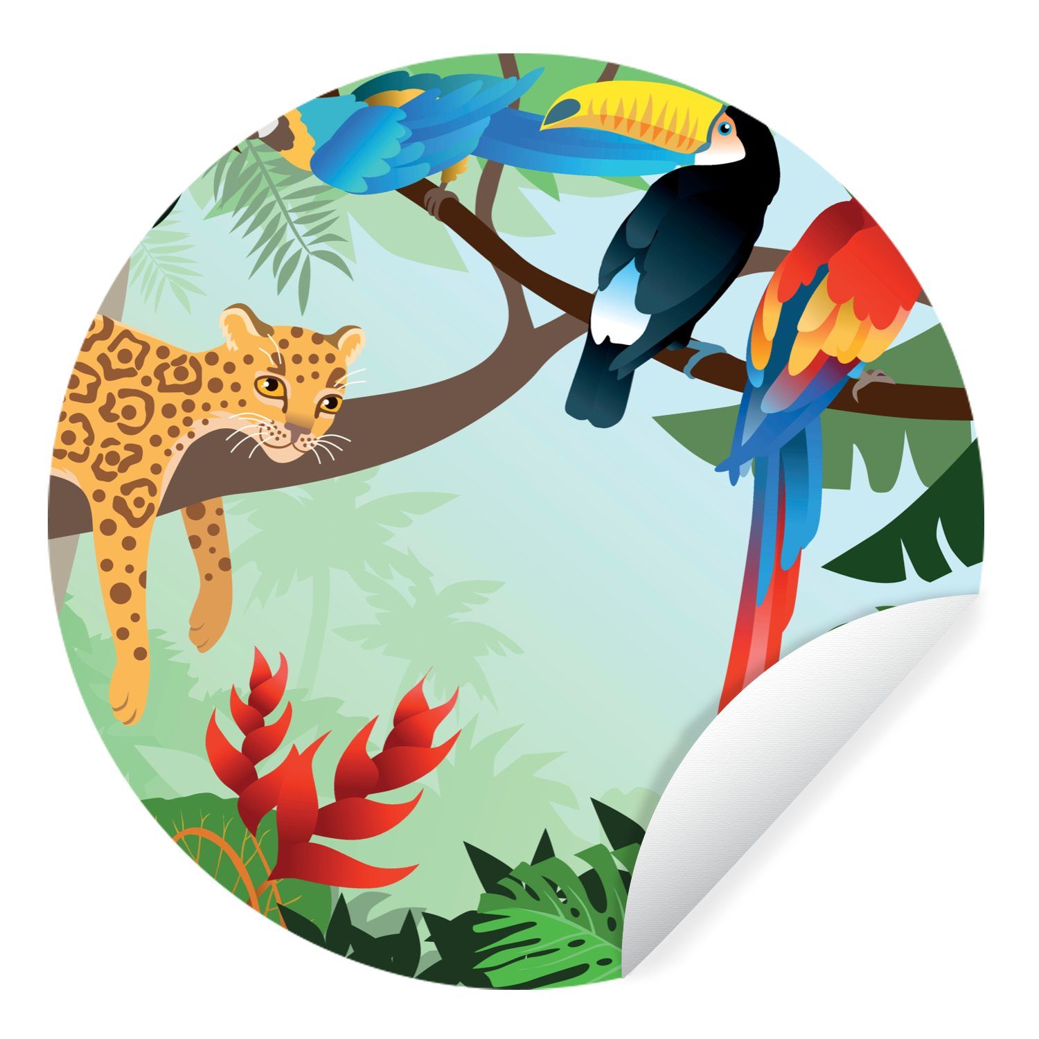 MuchoWow Wandsticker Dschungeltiere - Tukan - Jungen - Mädchen - Leopard (1 St), Tapetenkreis für Kinderzimmer, Tapetenaufkleber, Rund, Wohnzimmer