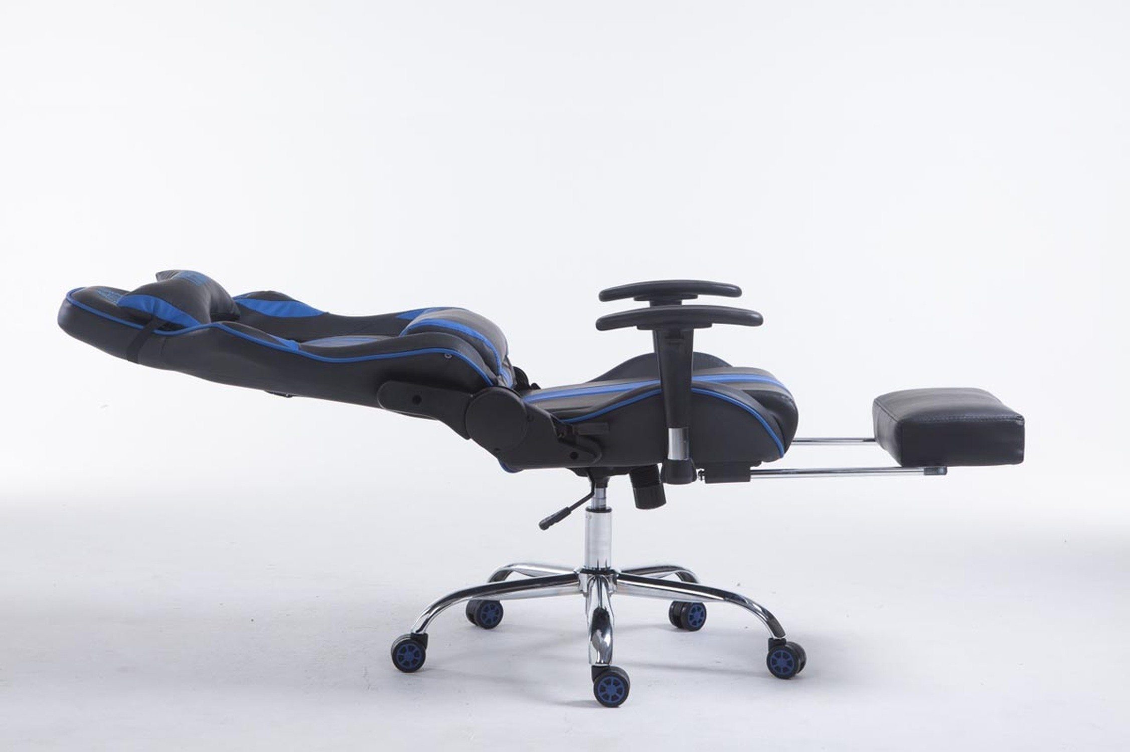 höhenverstellbar chrom Gaming-Stuhl (Schreibtischstuhl, - drehbar schwarz/blau Racingstuhl, TPFLiving Limitless-2 Gestell: Chefsessel), mit Drehstuhl, Metall - Rückenlehne - 360° Kunstleder Sitzfläche: bequemer Gamingstuhl,