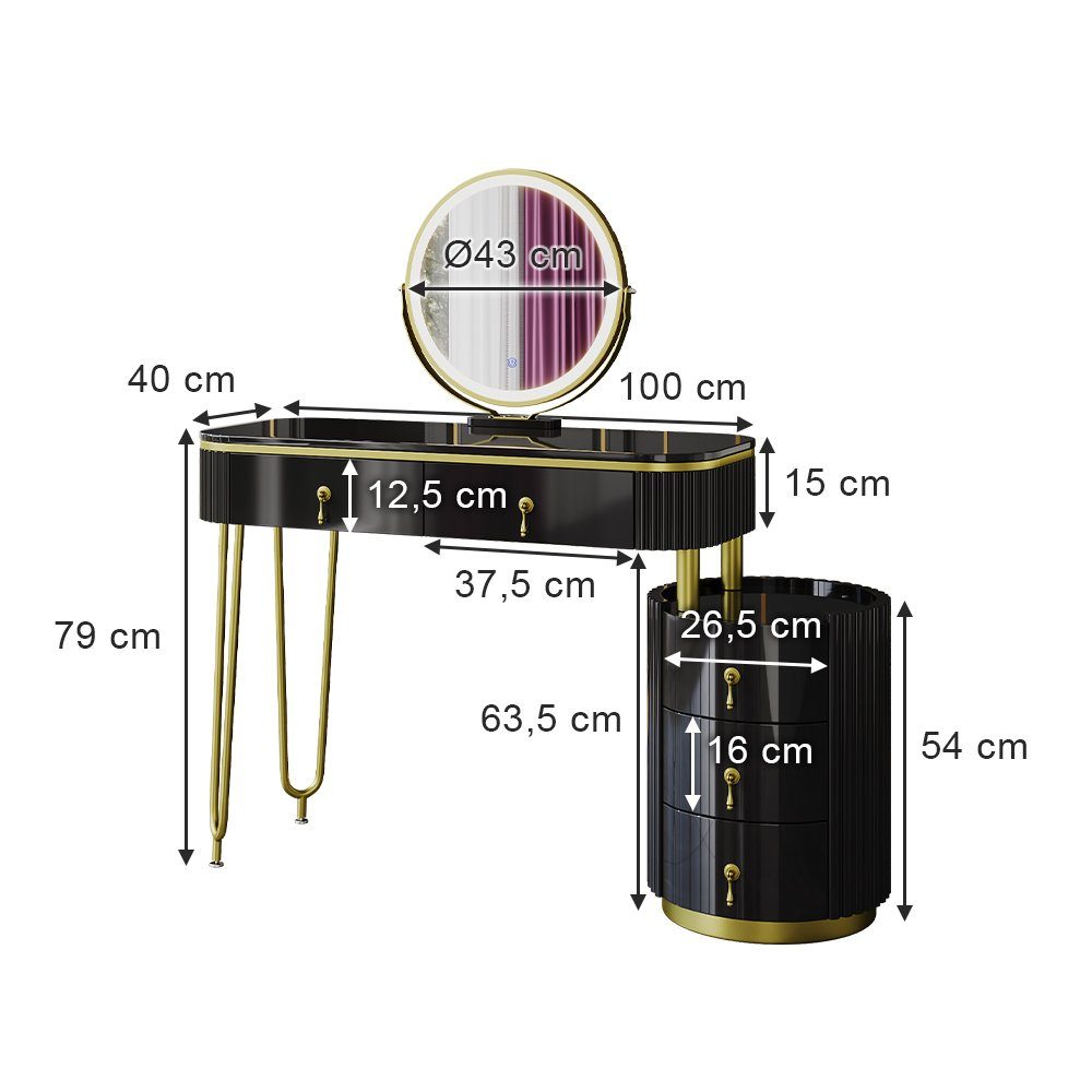 Vicco Schminktisch Charlène, Schwarz, 100 cm mit LED-Spiegel (2-St)