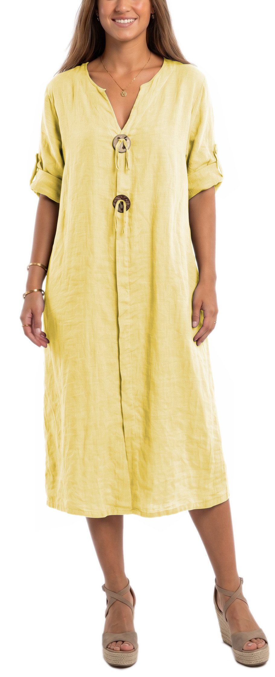 dy_mode Hemdblusenkleid Damen Leinenkleid Midi Hemdblusenkleid mit V-Ausschnitt Freizeitkleid in Unifarbe, V-Ausschnitt, mit seitlichen Eingriffstaschen