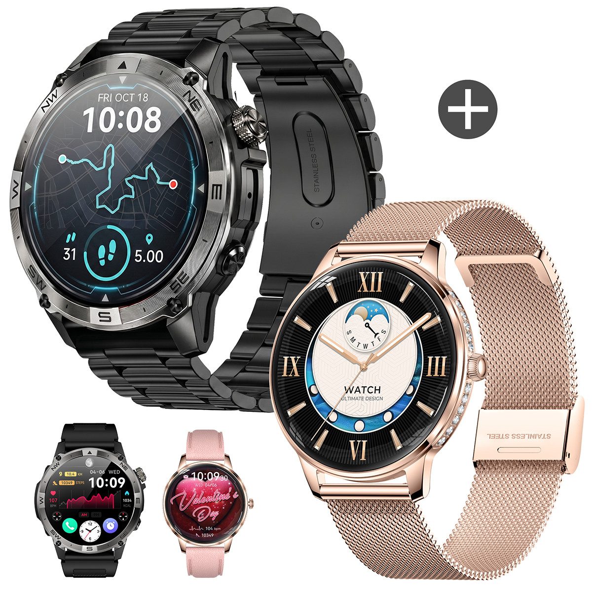 Vashoy Smartwatches für Damen und Herren mit Bluetooth Anrufe & AMOLED Smartwatch (390mm cm/1.43-1.19 Zoll, Android4.4/ISO1.0) Spar-Set, 6-tlg., IP68 wasserdicht, 160+ Sportmodi, Puls, Schlaf, Schritte,für Herren, Damen, Android/iOS