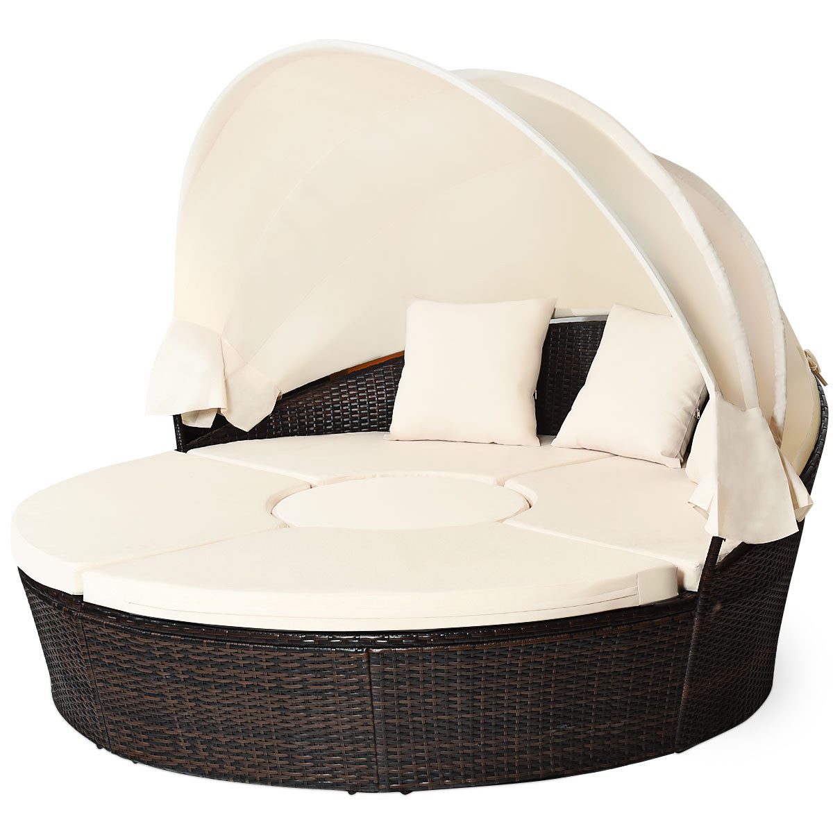 COSTWAY Sonneninsel mit einziehbarem Dach, outdoor, Gatrenlounge Rattan, Kissen, rund