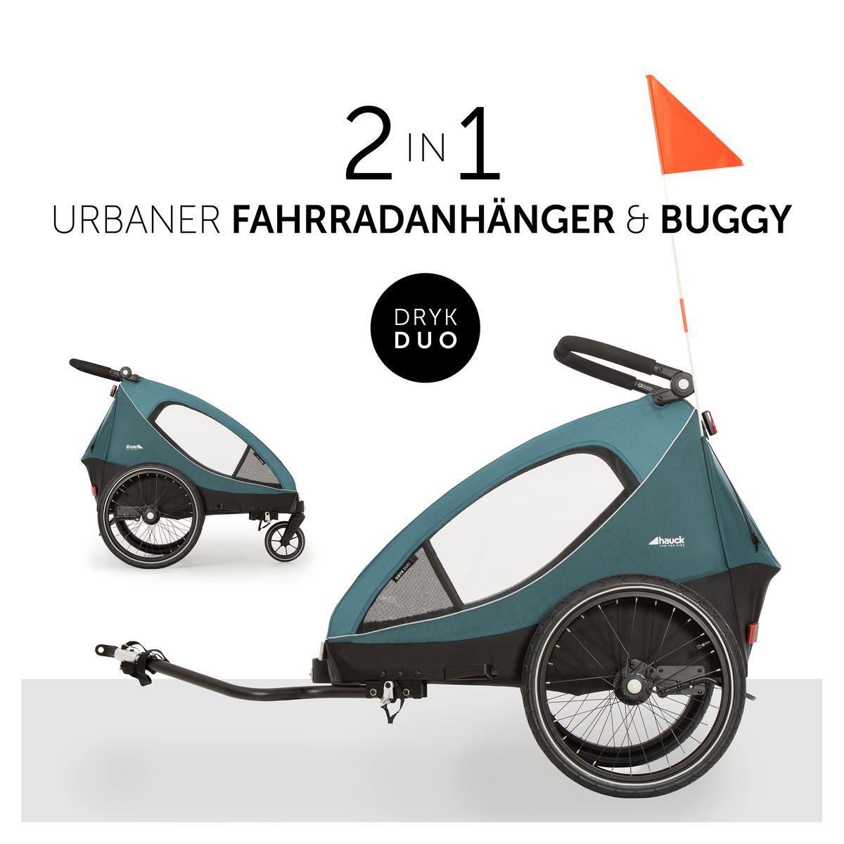 Hauck Fahrradkinderanhänger Dryk Duo Set - Ocean Green, 2in1 Fahrradanhänger Buggy für 2 Kinder bis 44 kg mit Babysitz Lounger