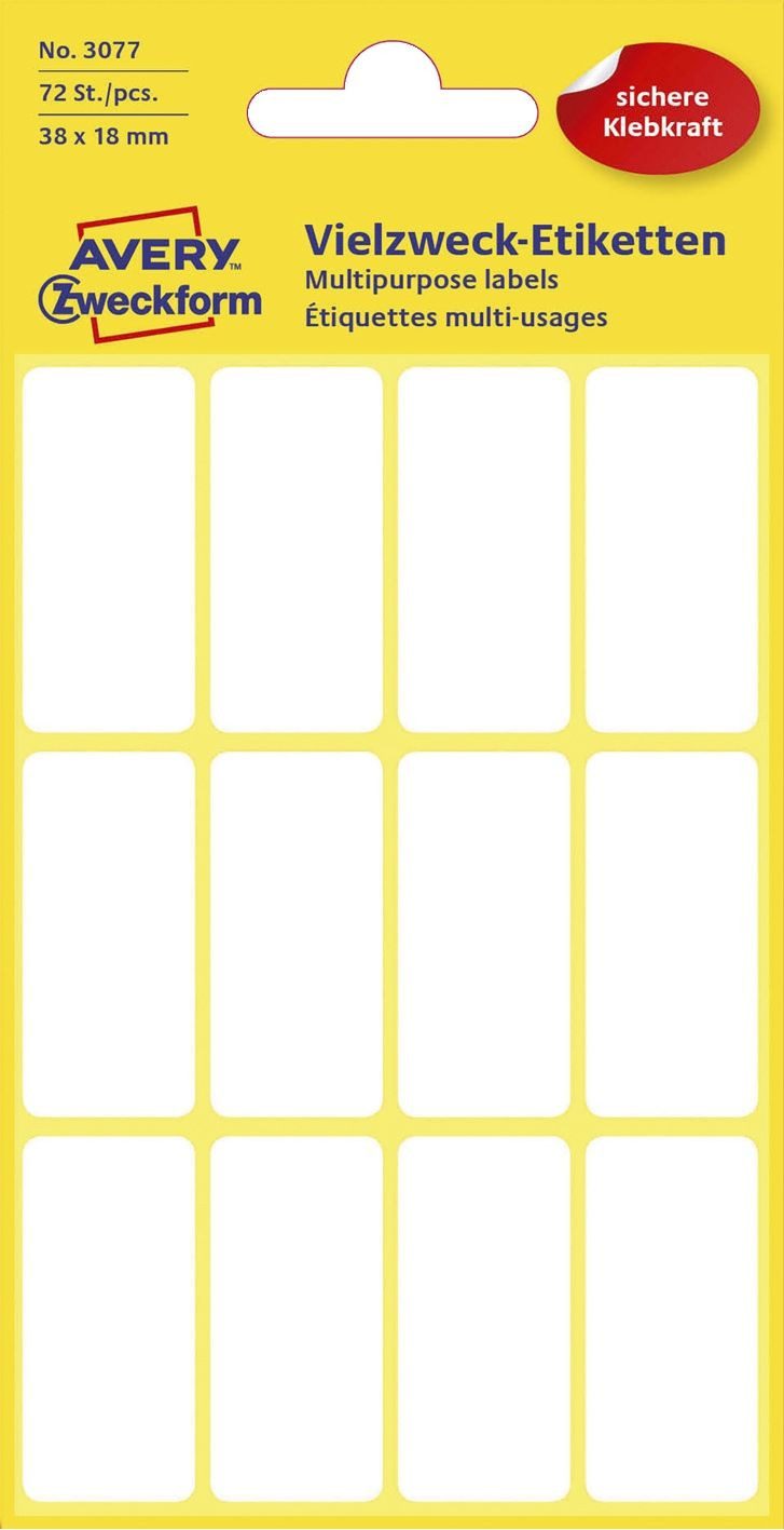 Avery Zweckform Etikett 3077 Mini-Organisations-Etiketten 38 x 18 mm 6 Blatt/72 Etiketten weiß