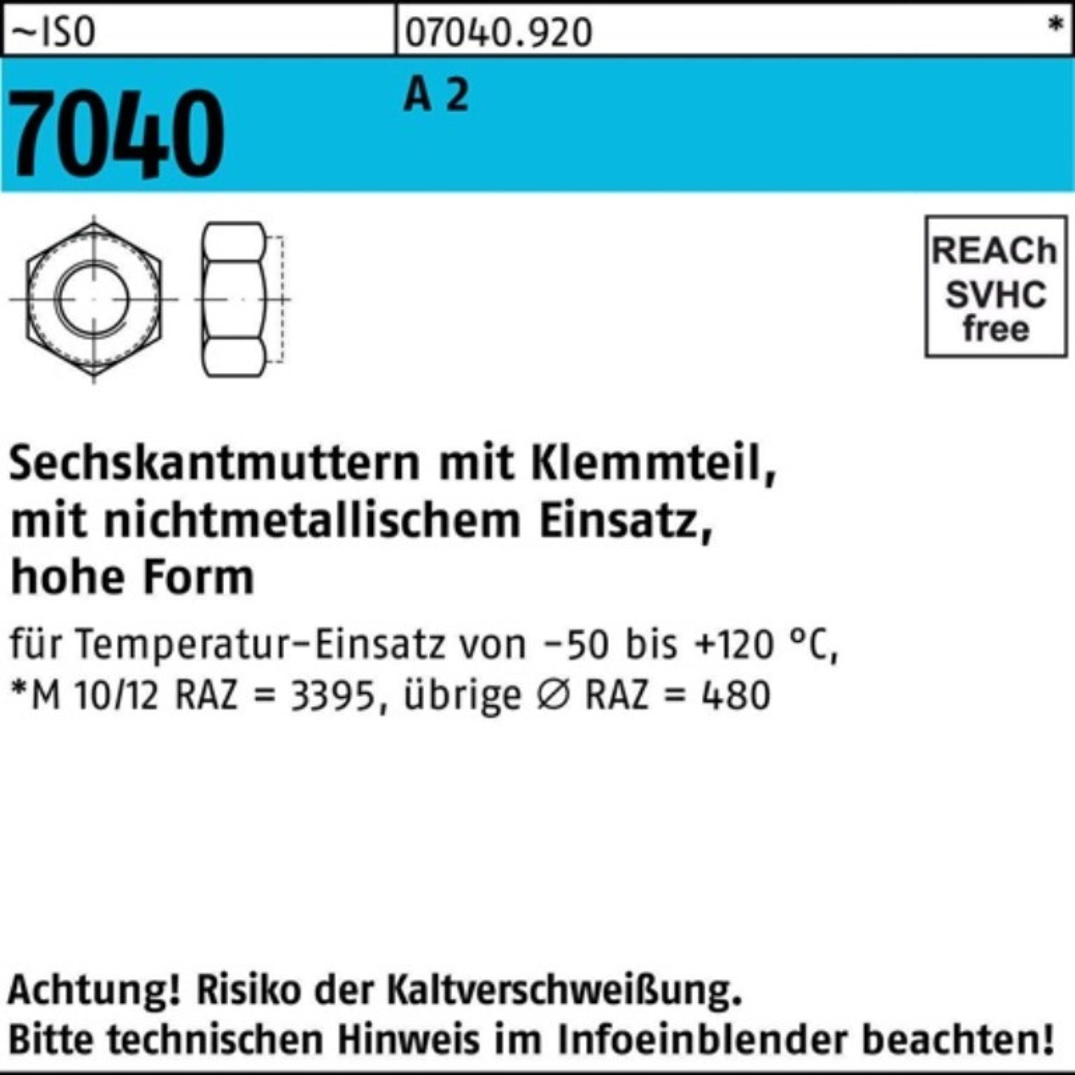 Reyher Muttern 100er Pack 070409200200000 Sechskantmutter ISO 7040 m.Klemmteil M 20 A