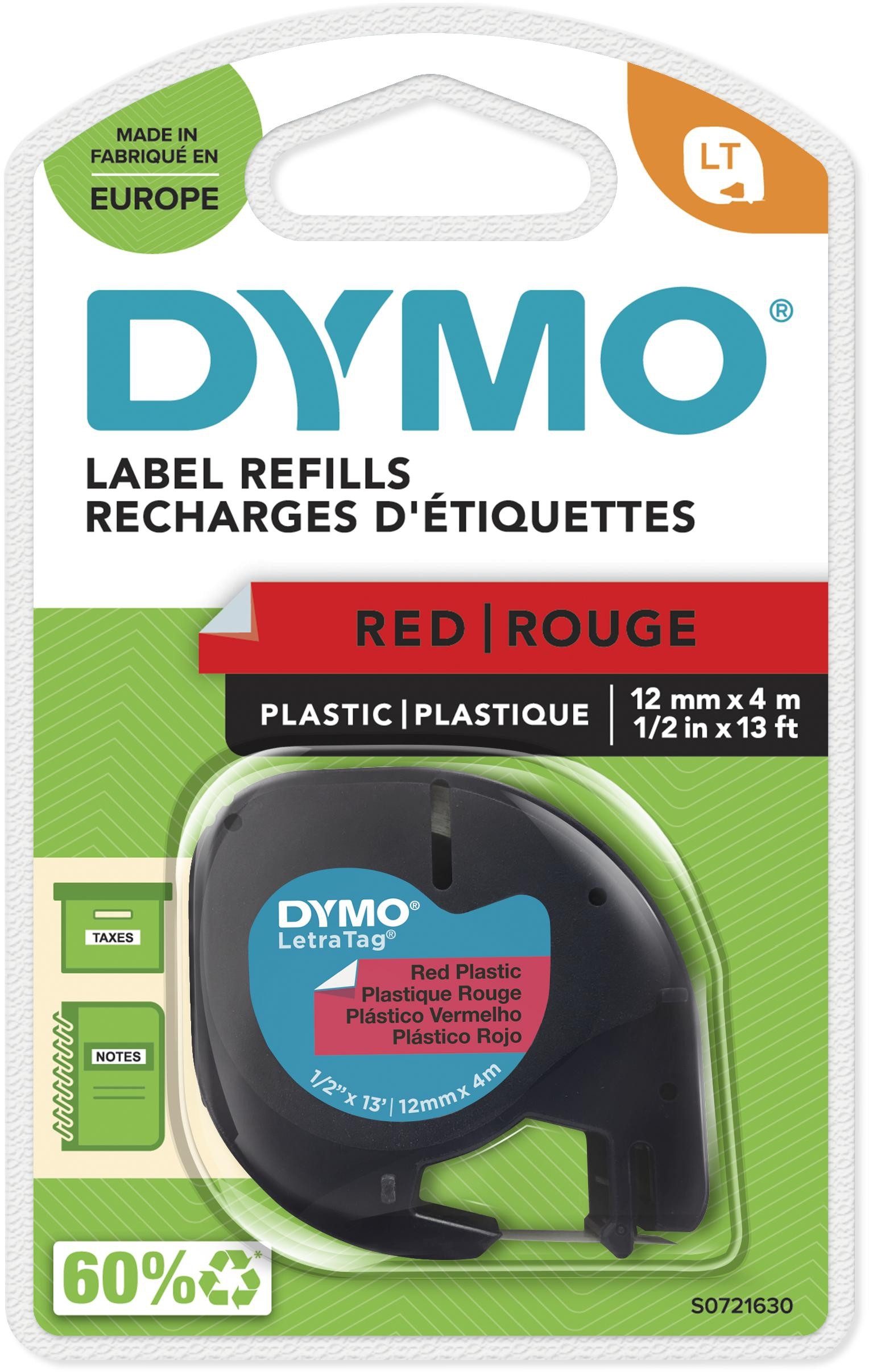 DYMO Beschriftungsband Etikettenband LetraTag 12mm x 4m schwarz auf rot (10 Stück)