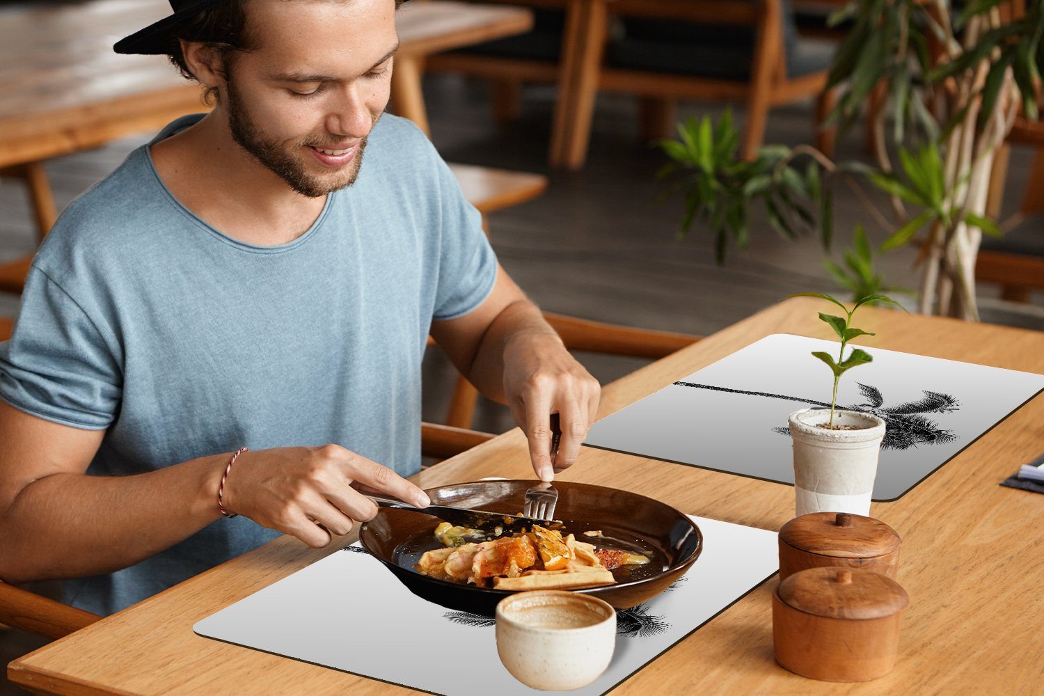 Platzdecken, Palme - Platzset, Schmutzabweisend Tropisch - (6-St), MuchoWow, Platzmatte, Tischmatten, und weiß, Platzset, Schwarz