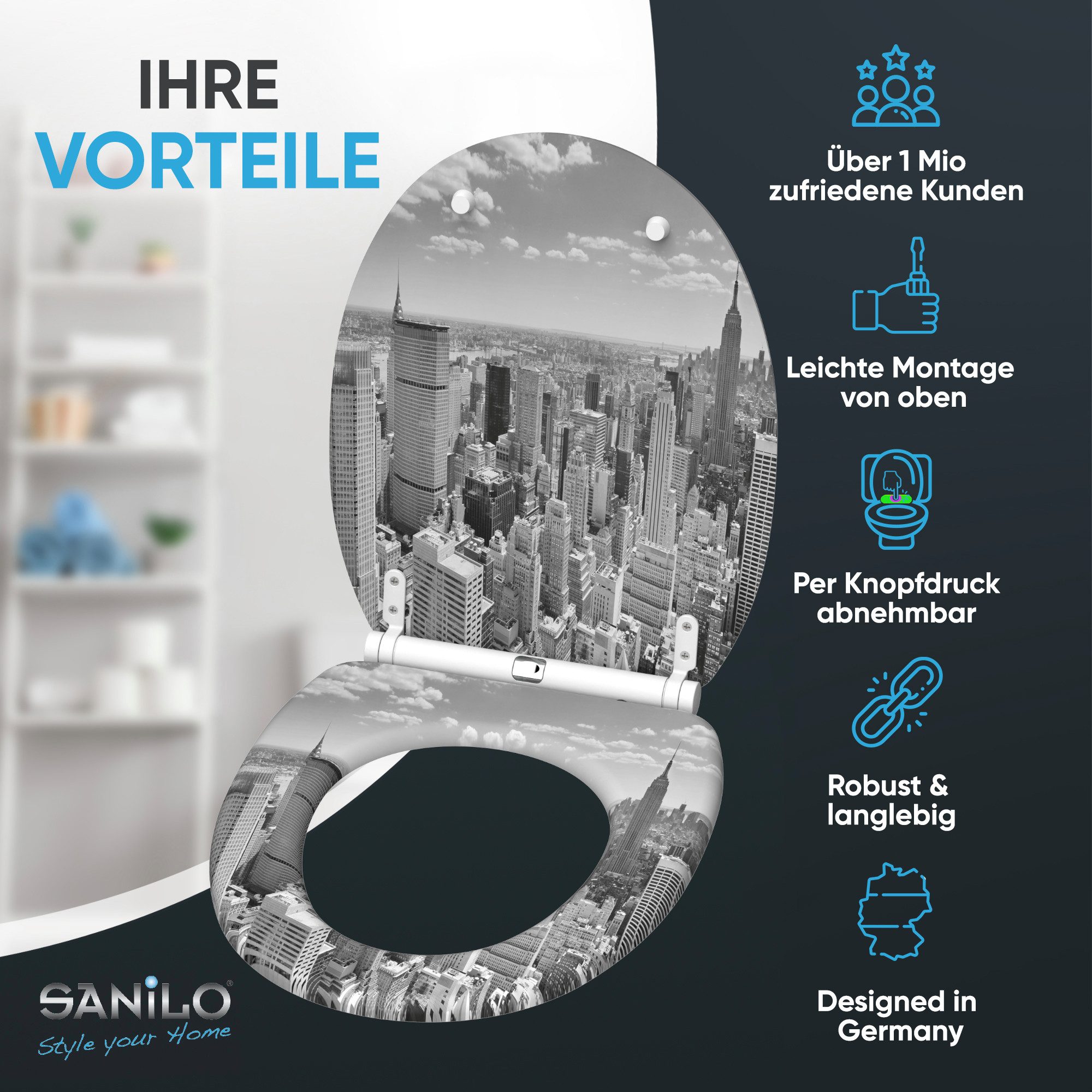 Sanilo WC-Sitz Skyline New York mit Absenkautomatik & Quick Release, Premium Toilettendeckel, abnehmbar, leichte Montage von oben – Bild 2 von 5