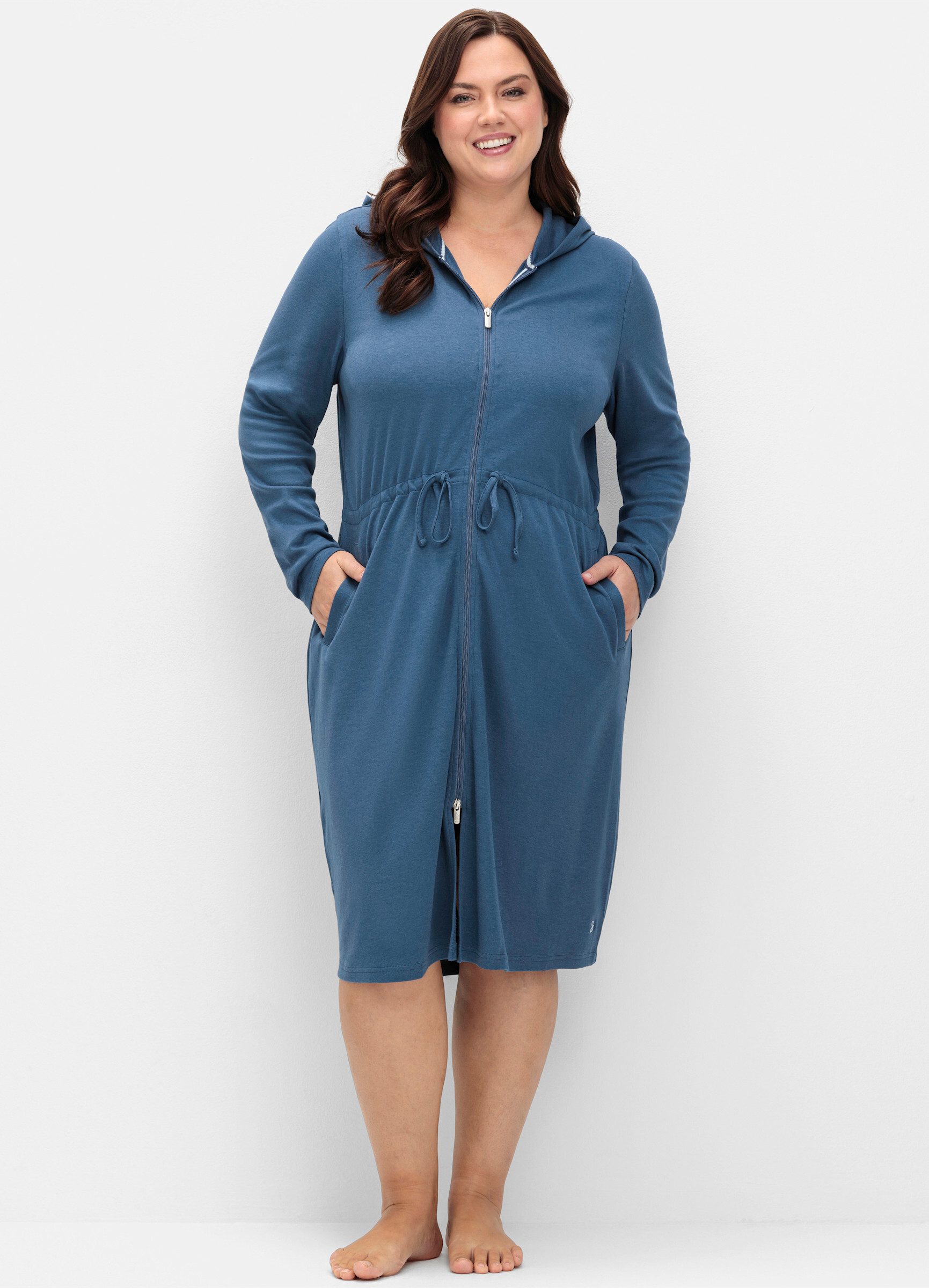 Sheego Damenbademantel Bademantel ., Länge ca. 110 cm, Baumwolle, Reißversc günstig online kaufen