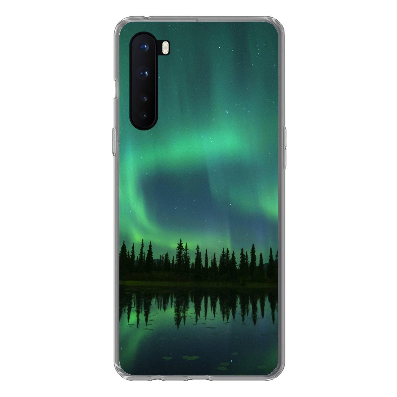 MuchoWow Handyhülle für OnePlus Nord Nordlicht - Bäume - Wasser - Alaska, Phone Case, Silikon, Schutzhülle Dünn