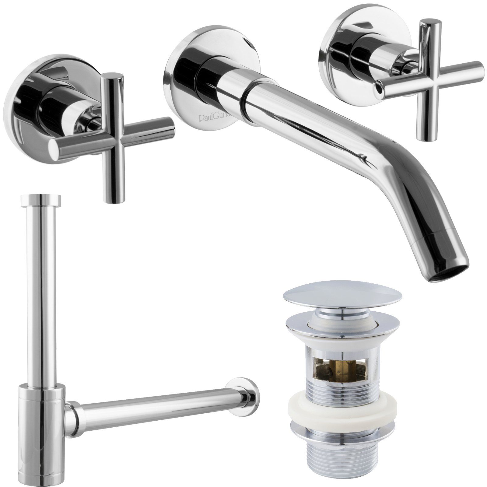 PaulGurkes Waschtischarmatur (Set, 3-St., Armatur mit Siphon und Pop-Up Excenter) Messing verchromt, Keramikventile, DIN-Siphon, Pop-Up Excenter