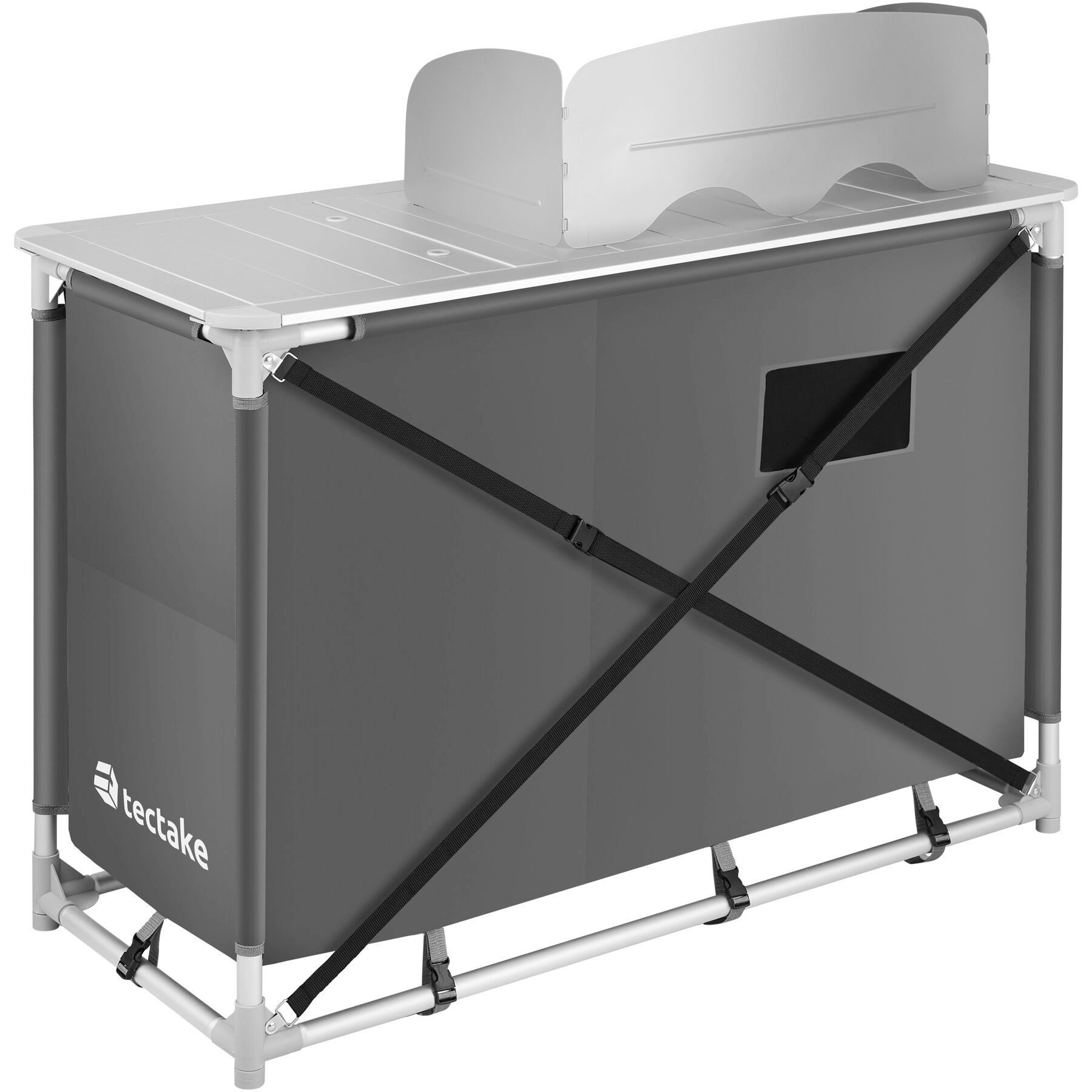 tectake Campingtisch Camping-Klapptisch, Maße: 116 x 52 x 107 cm, wetterbeständig (Outdoor-Tisch, 1-St., in grau), Faltbar, mit viel Stauraum, Windschutz und Spülbecken, mit Tragetasche