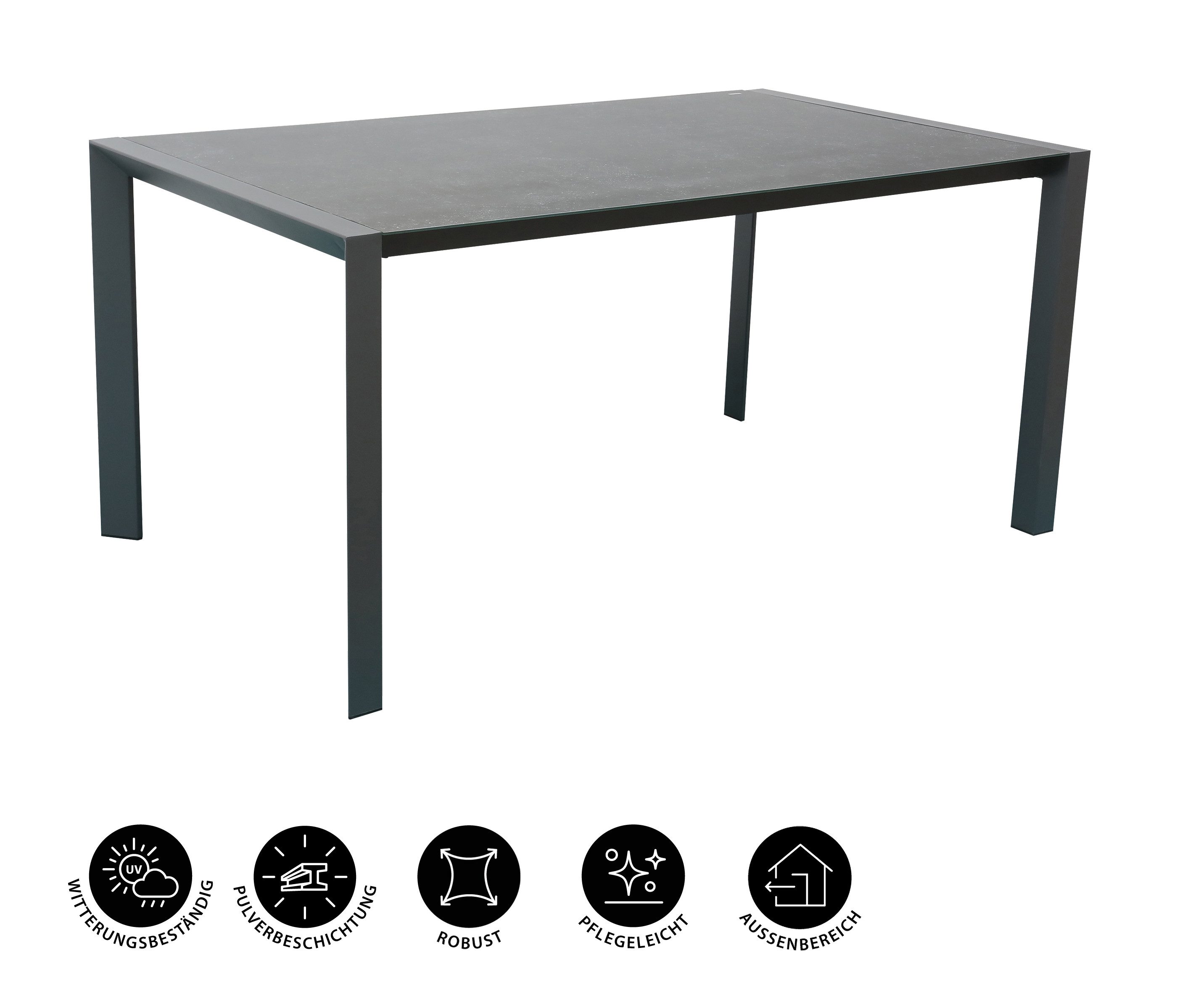 Dehner Gartentisch Cleveland, 160 x 90 x 75 cm, Aluminium/Keramik, Outdoortisch mit Aluminium-Gestell und kratzfester Keramik-Glasplatte