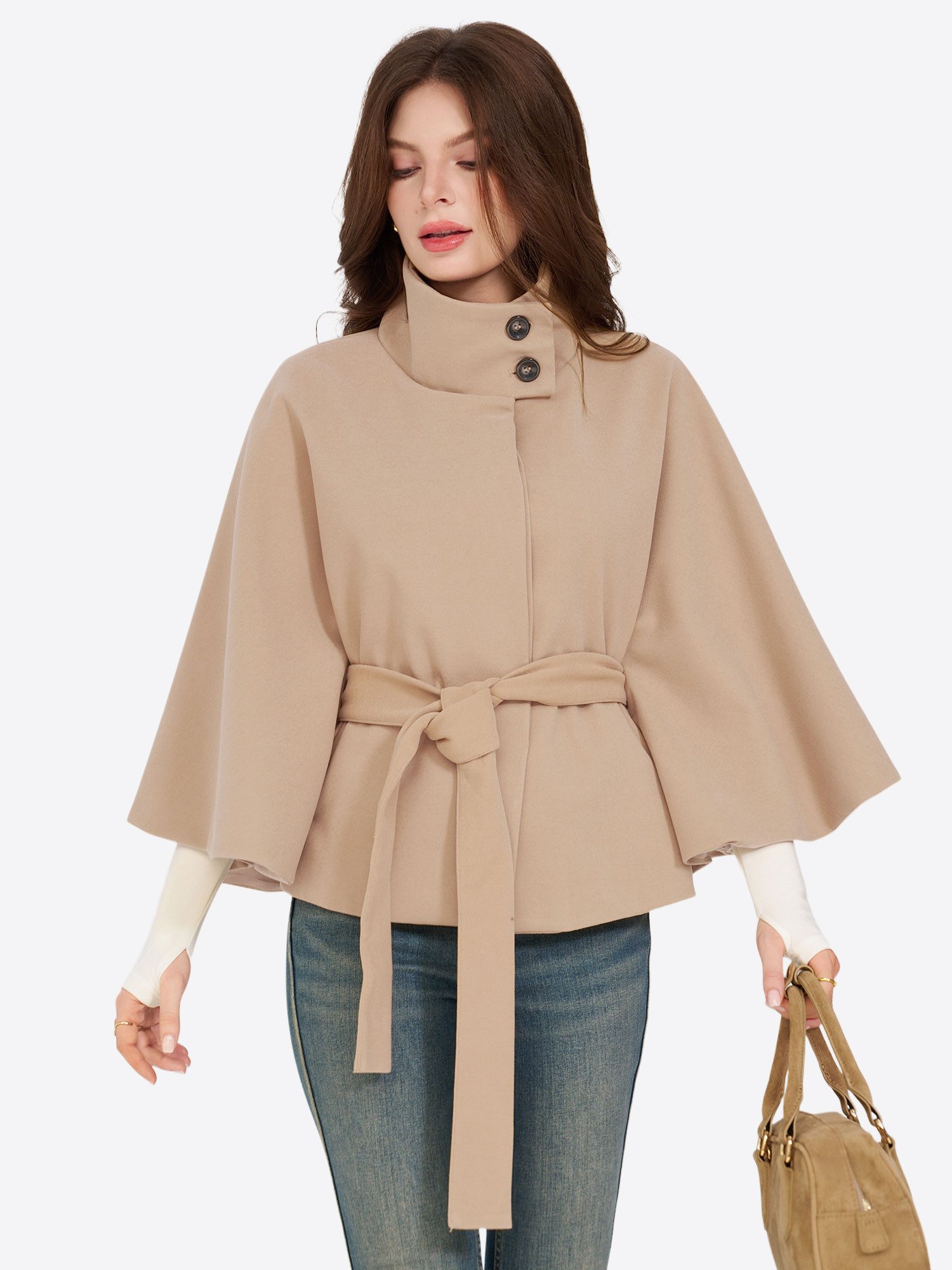 Imily Bela Kurzjacke Damen Capejacke mit Bindegürtel (Packung, 1-St., 1per-Pack) mit hoher Kragen