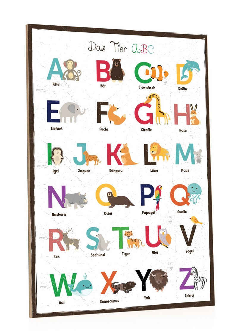 GRAVURZEILE Holzbild »GRAVURZEILE Holzschild mit Spruch - Das Tier ABC - Moderne Kunstdrucke auf Holz - Buchstaben lernen im Kinderzimmer - Geschenk zur Einschulung für Mädchen & Jungen«