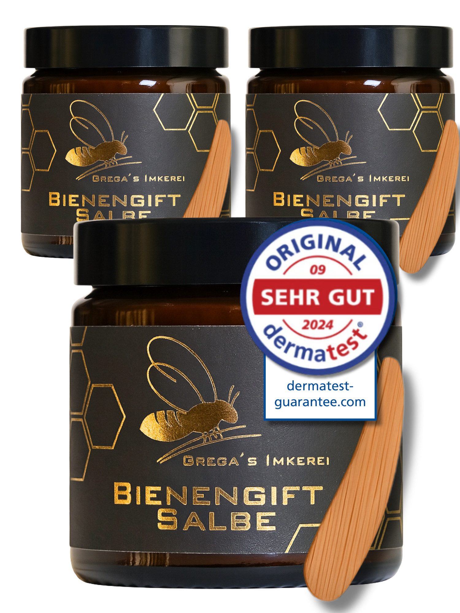 Grega´s Imkerei Körpercreme Bienengiftsalbe 100 ml - Derma Test „Sehr gut“ inkl. Massivholz Cremespatel, 3-tlg., Hochkonzentrierte Muskel- und Gelenkpflege mit ca. 300 Bienenstichen