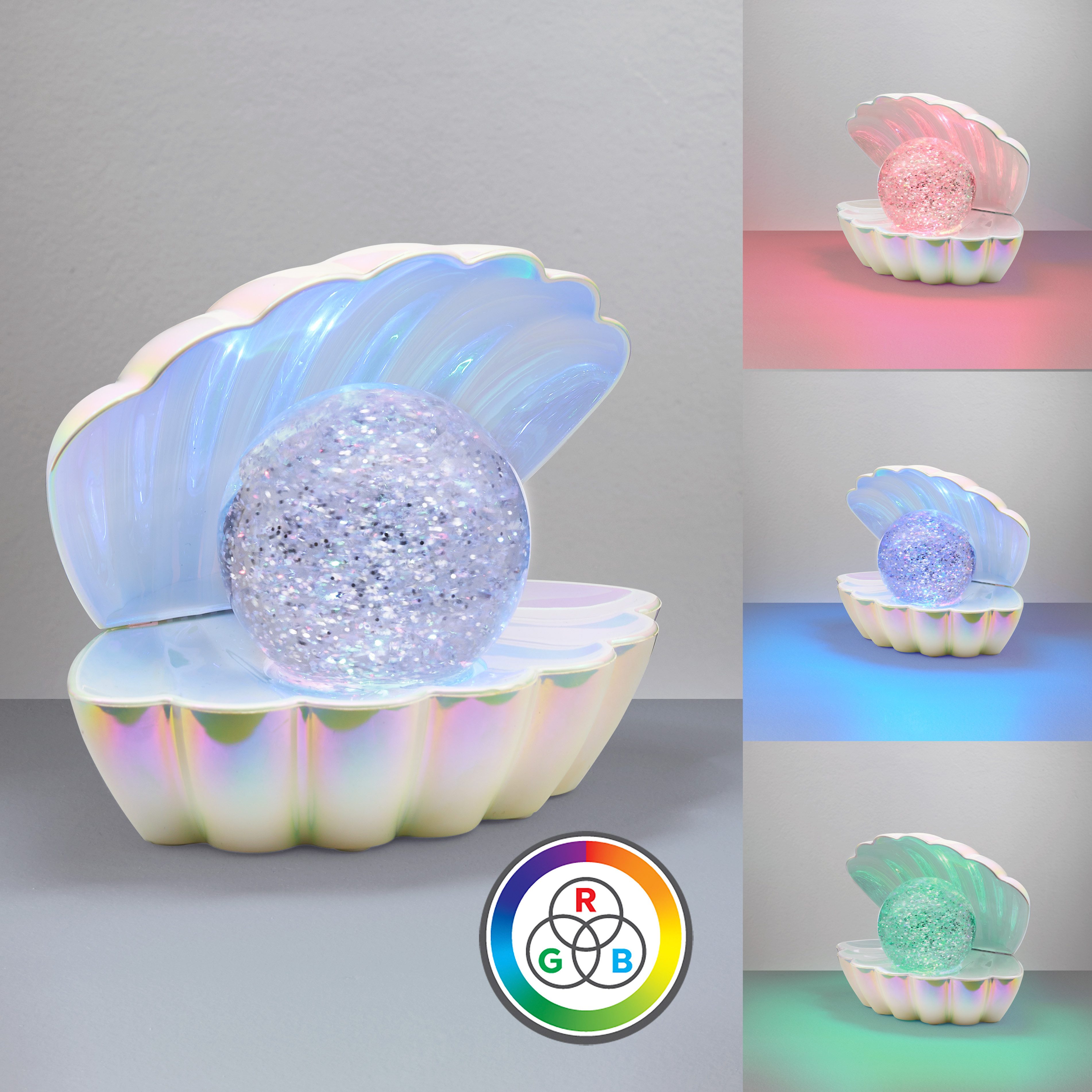Reality Leuchten LED Tischleuchte SHELLY, Deko Tischlampe in Muschelform mit RGB Farbwechsel, 0,8W 15Lm, Ein-/Ausschalter, Farbwechsel, USB-Ladefunktion, LED fest integriert, RGB, Muschel Tischlampe mit Glitzerkugel und Farbwechsel inkl USB-Ladekabel