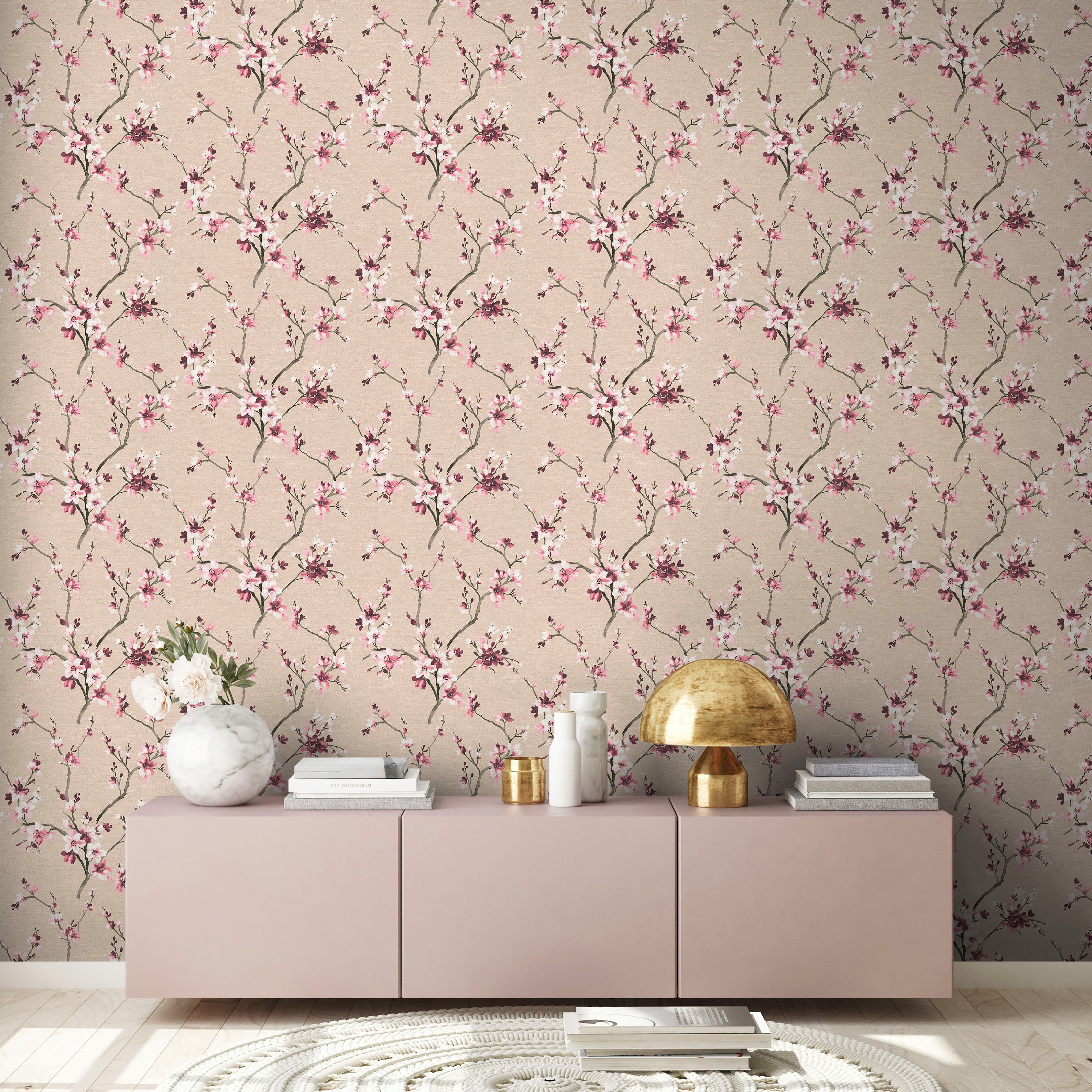 floral, Blumenoptik Lodge, geblümt, rosa/beige Tapete Desert natürlich, strukturiert, walls living Vliestapete