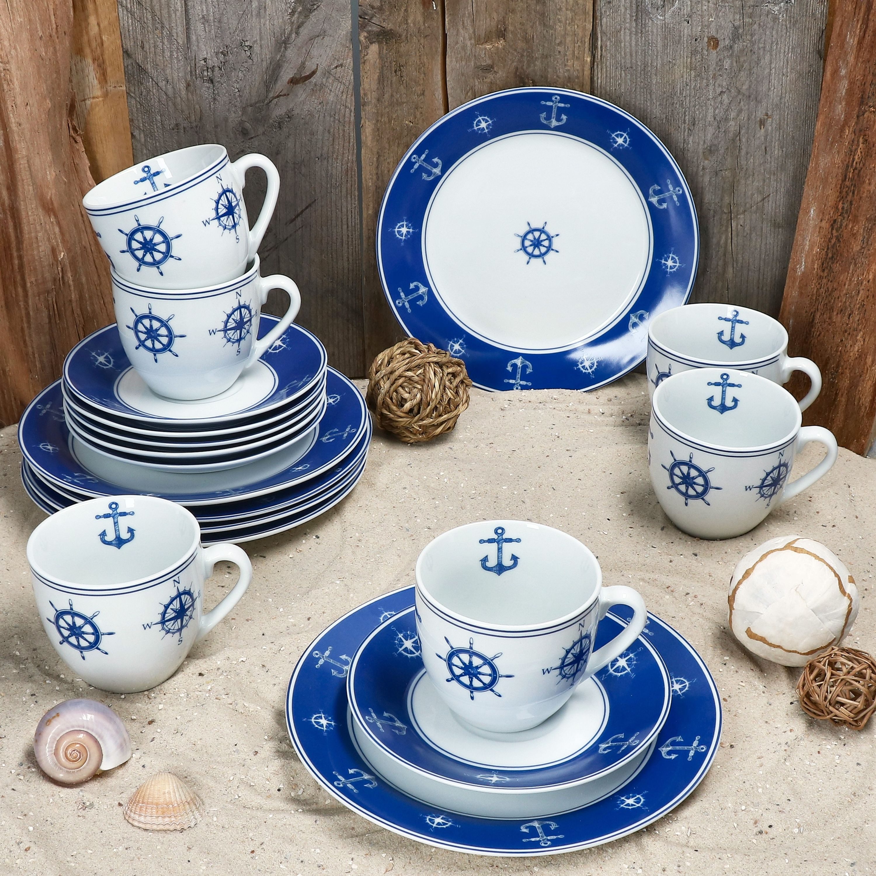 MamboCat Kaffeeservice Ahoi 18tlg Kaffeeservice Porzellan 6Pers Tasse Teller Anker nautisch, Porzellan