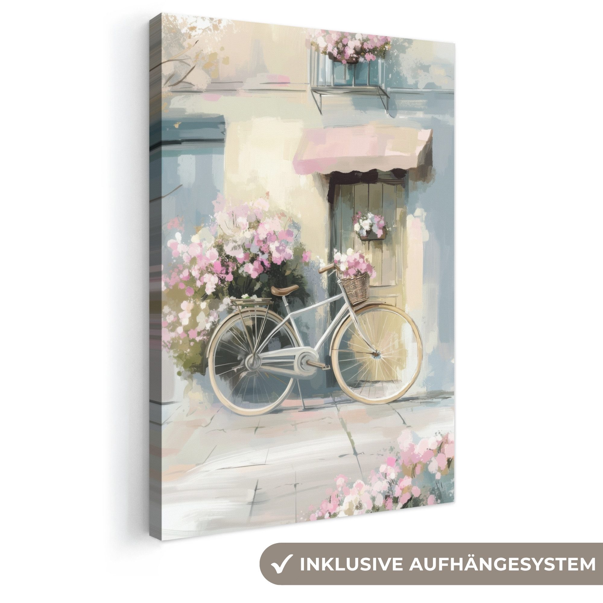 OneMillionCanvasses® Leinwandbild Fahrrad - Pastellfarben - Blumen, Fotodruck (1 St), Leinwand Canvas Wandbild, Wanddekoration 20x30 cm
