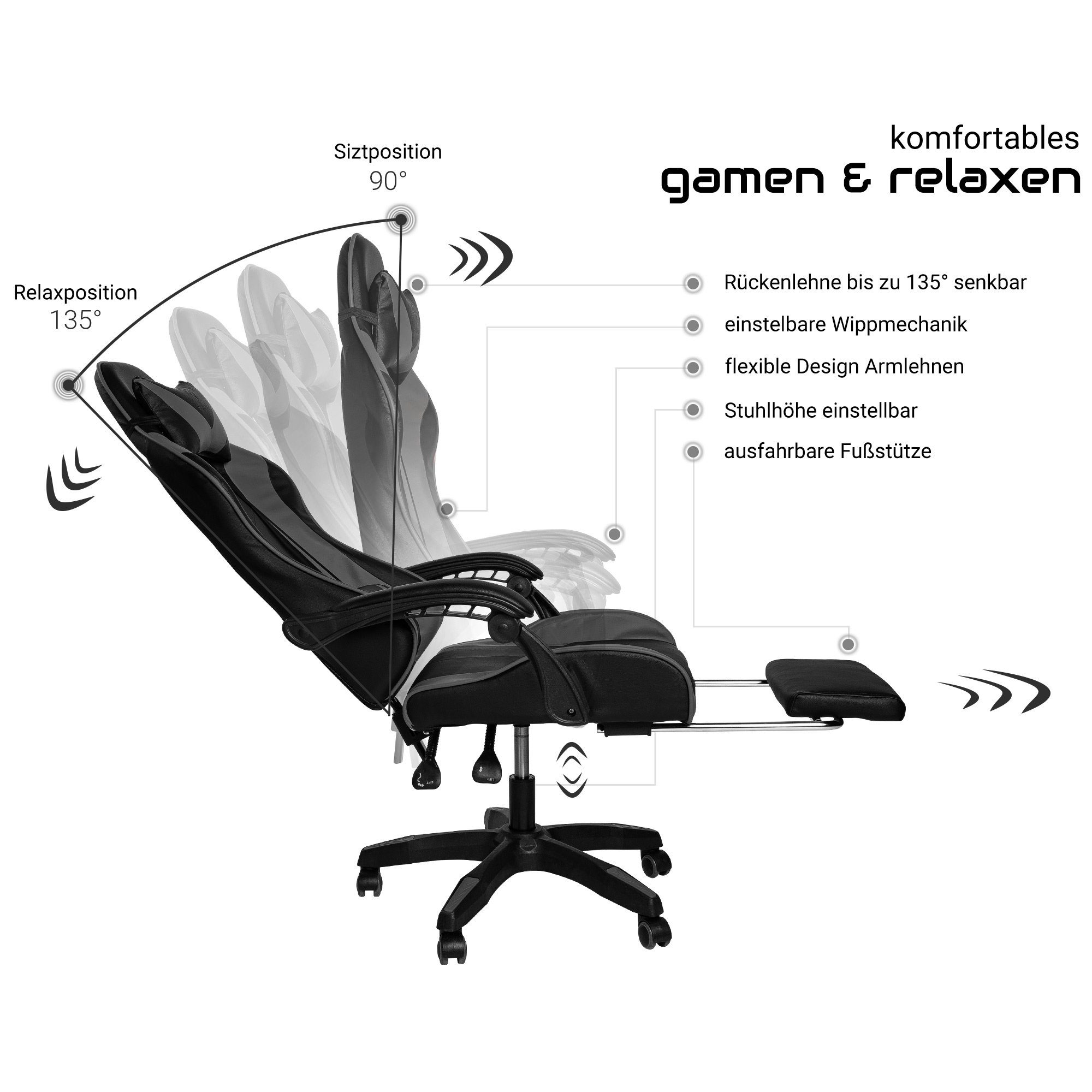 Design-Armlehnen Konrad (1 Schwarz/Grau TRISENS mit flexiblen Chair Stuhl Gaming mit Gaming Chefsessel Fußstütze Stück),