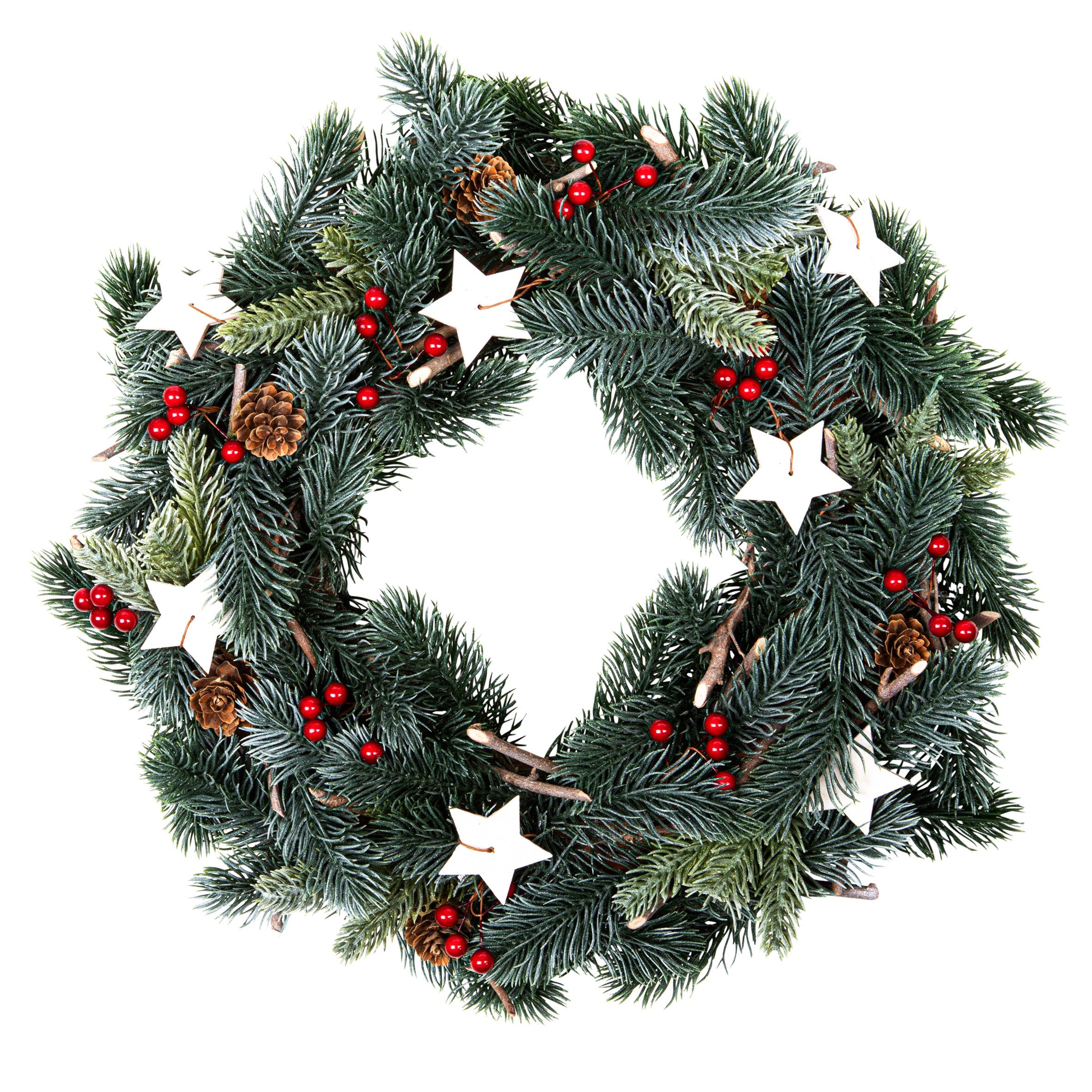 Spetebo Dekokranz Künstlicher Tannenkranz mit Schnee Beeren und Tannenzapfen, Weihnachts Türkranz zum Aufhängen mit Dekoration