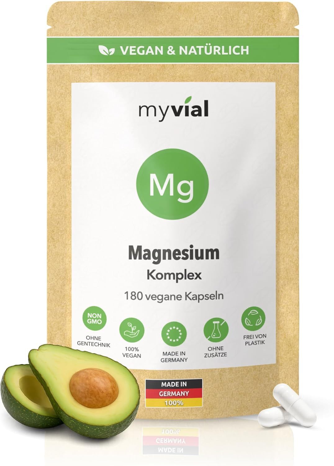 myvial 4-Fach Magnesium Komplex für optimale Bioverfügbarkeit Kapseln, Packung à 180 St., plastikfrei verpackt, 60 Tage Vorrat, höchste Qualität