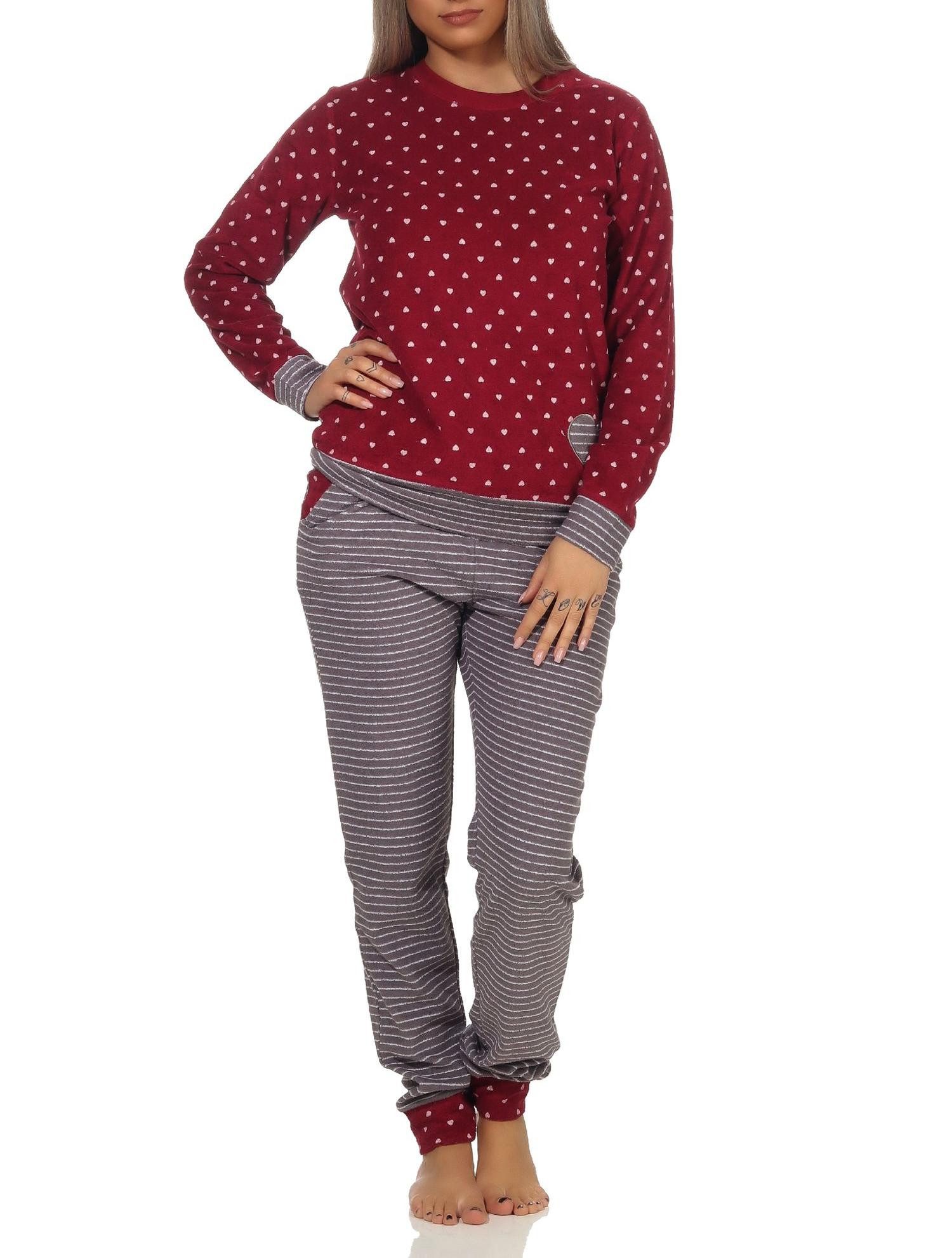 Pyjama Normann Damen Frottee Pyjama mit Bündchen in Tupfen- und Ringeldesign