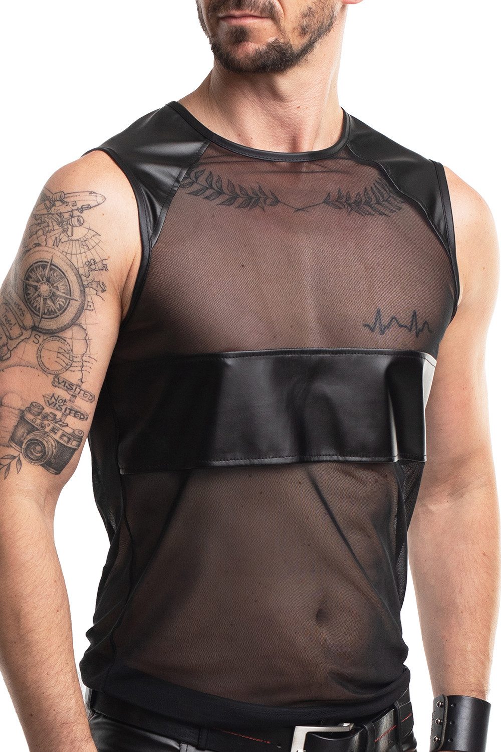 Regnes Fetish Planet T-Shirt Herren Shirt schwarz aus schwarzem, transparentem und elastischem Mesh