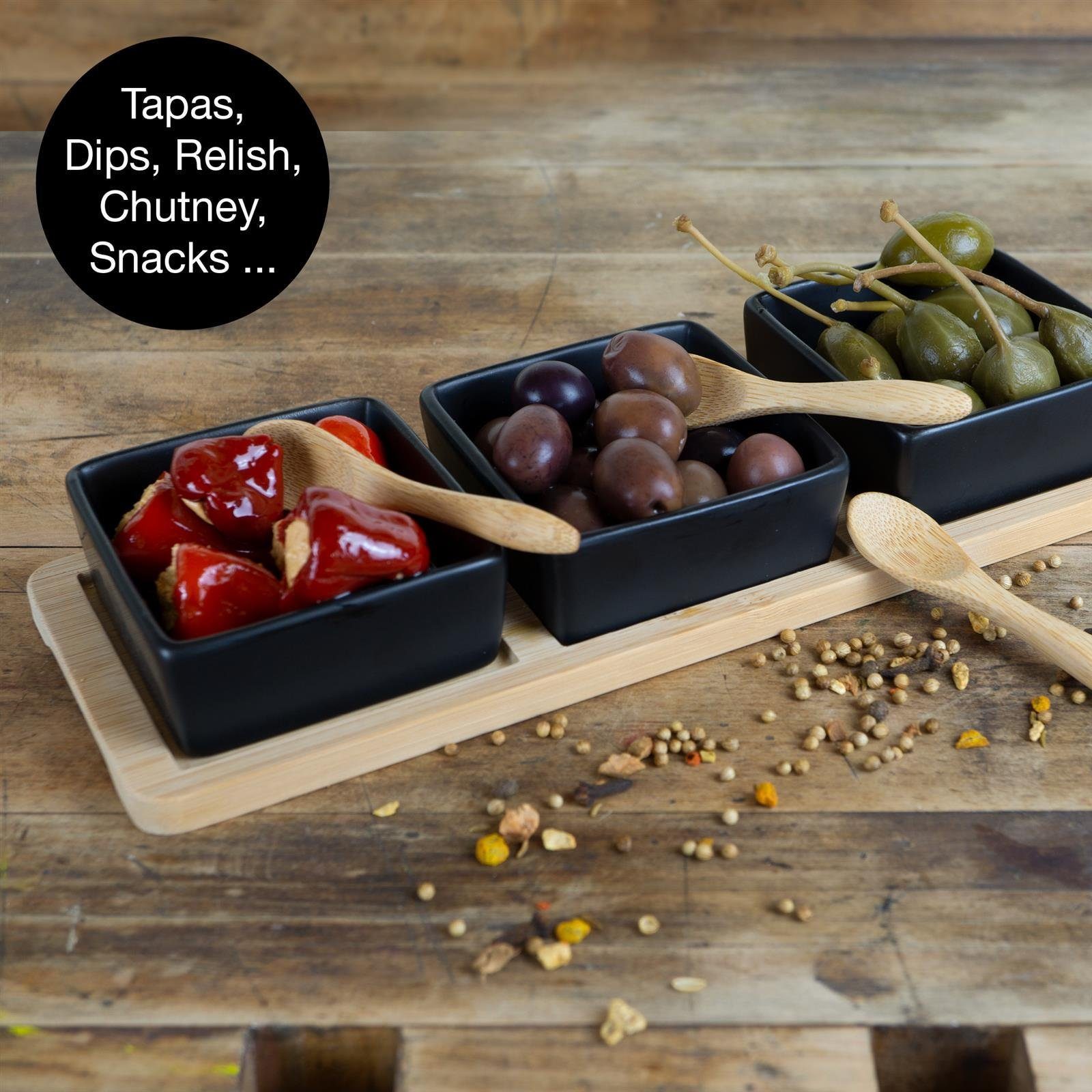 Moritz & Moritz Servierplatte Servierplatte mit Dip Schälchen, Schiefer, Keramik, Bambus, (Curry, 7-tlg)