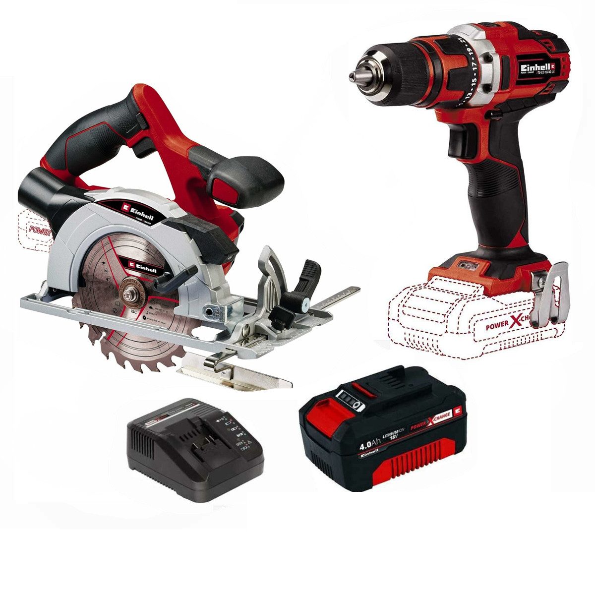 Einhell Akku-Bohrschrauber 18V Bohrschrauber TE-CD 18/40 Handkreissäge TE-CS 18/150 Akku 4 Ah