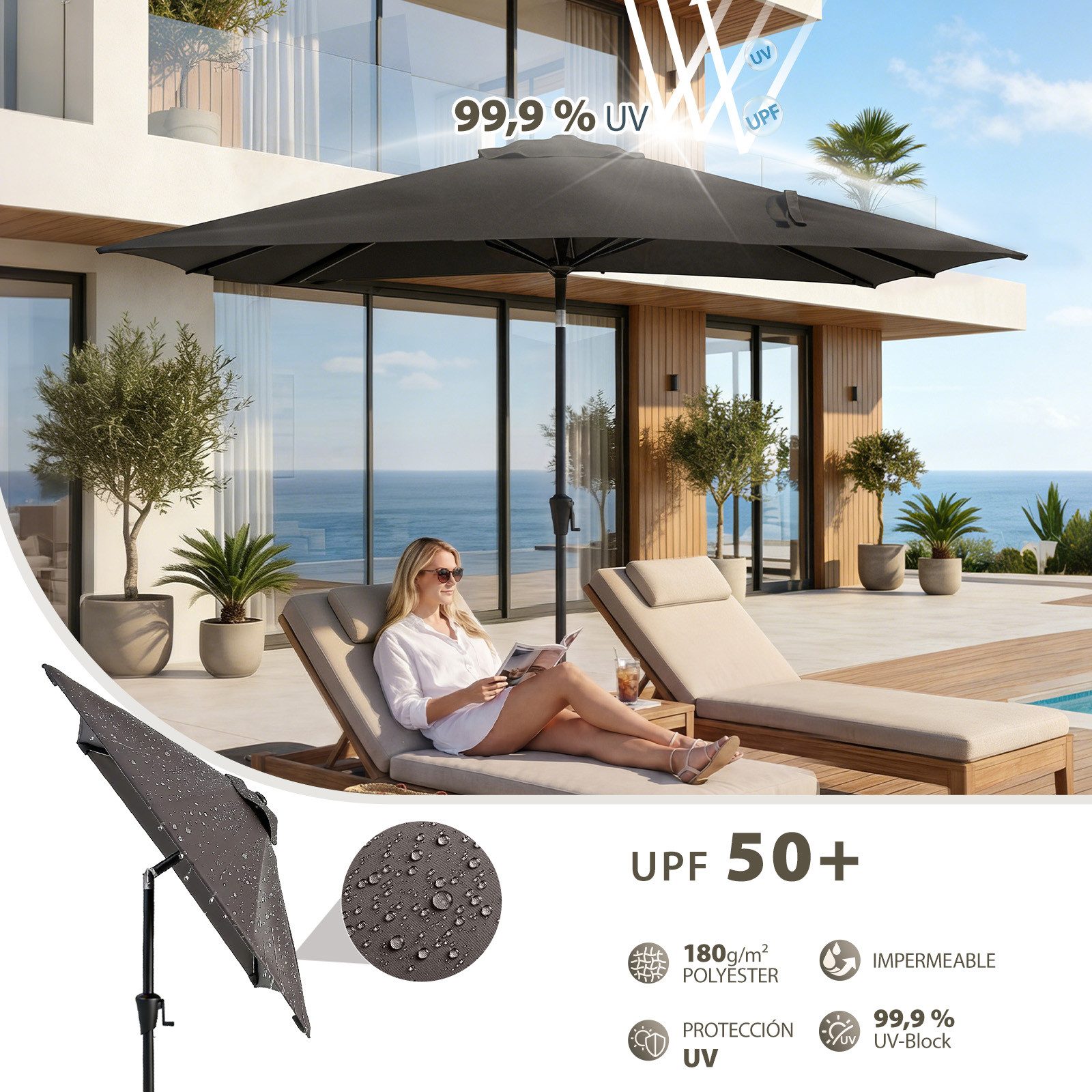Sekey Sonnenschirm Rechteckig mit Kurbel Gartenschirm Groß Marktschirm UV Schutz, LxB: 210,00x140 cm, Sonnenschirm 210 x 140, 30° Knickbar, UV 50+, für Garten,  – Bild 4 von 5