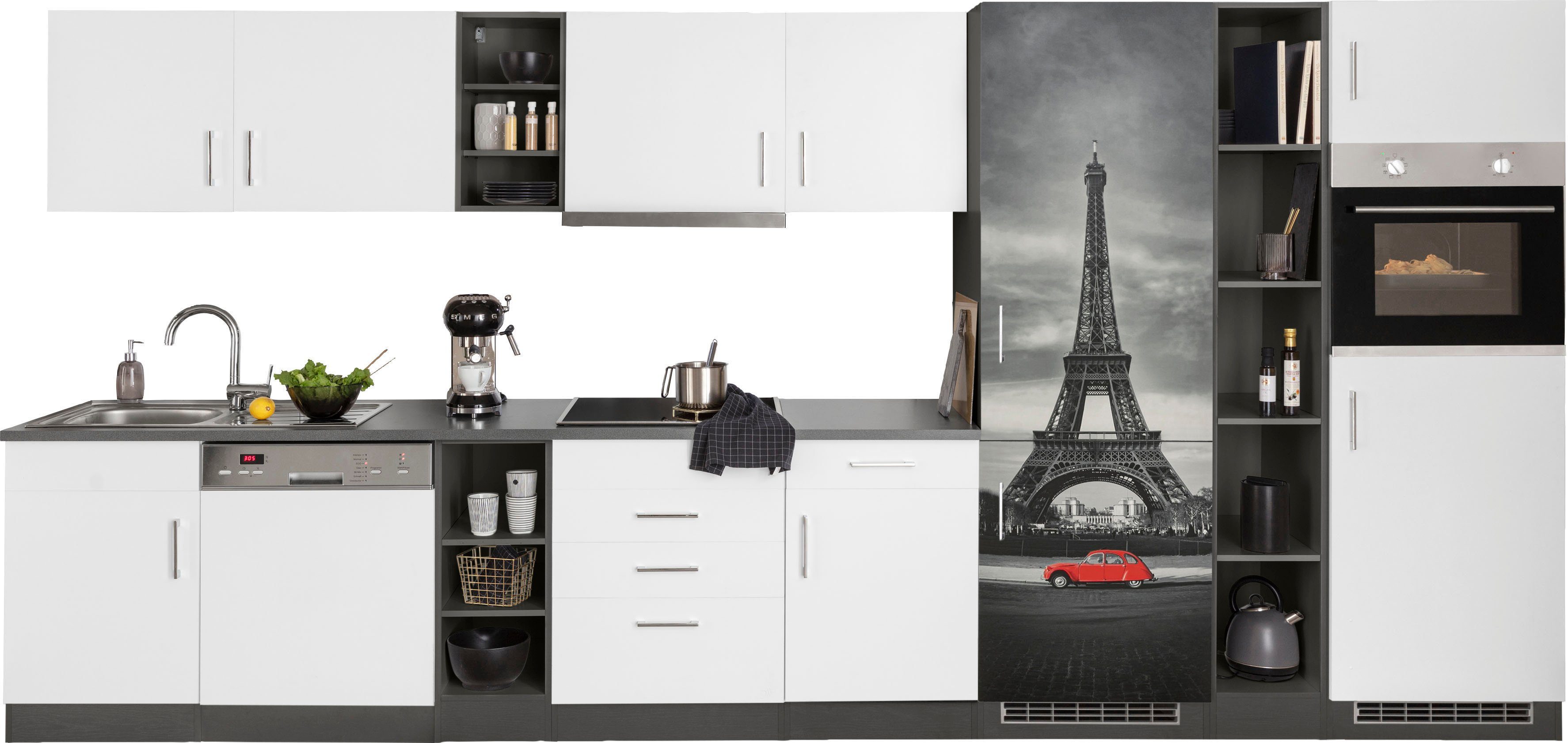 HELD MÖBEL Küchenzeile Paris, mit mit großer 400 E-Geräten, cm, Kühl-Gefrierkombination Breite