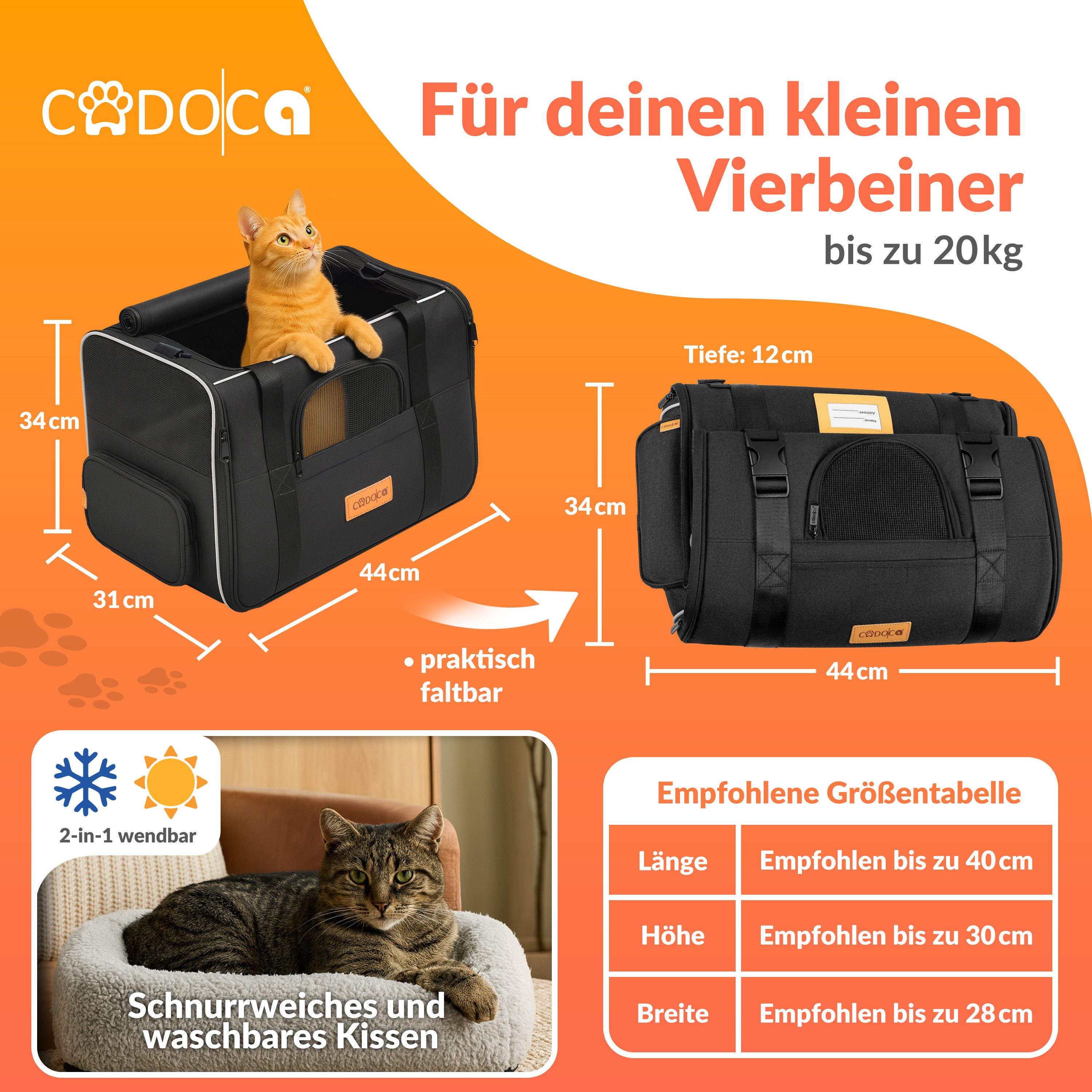 Cadoca Tiertransportbox, Tiertransporttasche faltbar Box Transporttasche Hund Katze anthrazit