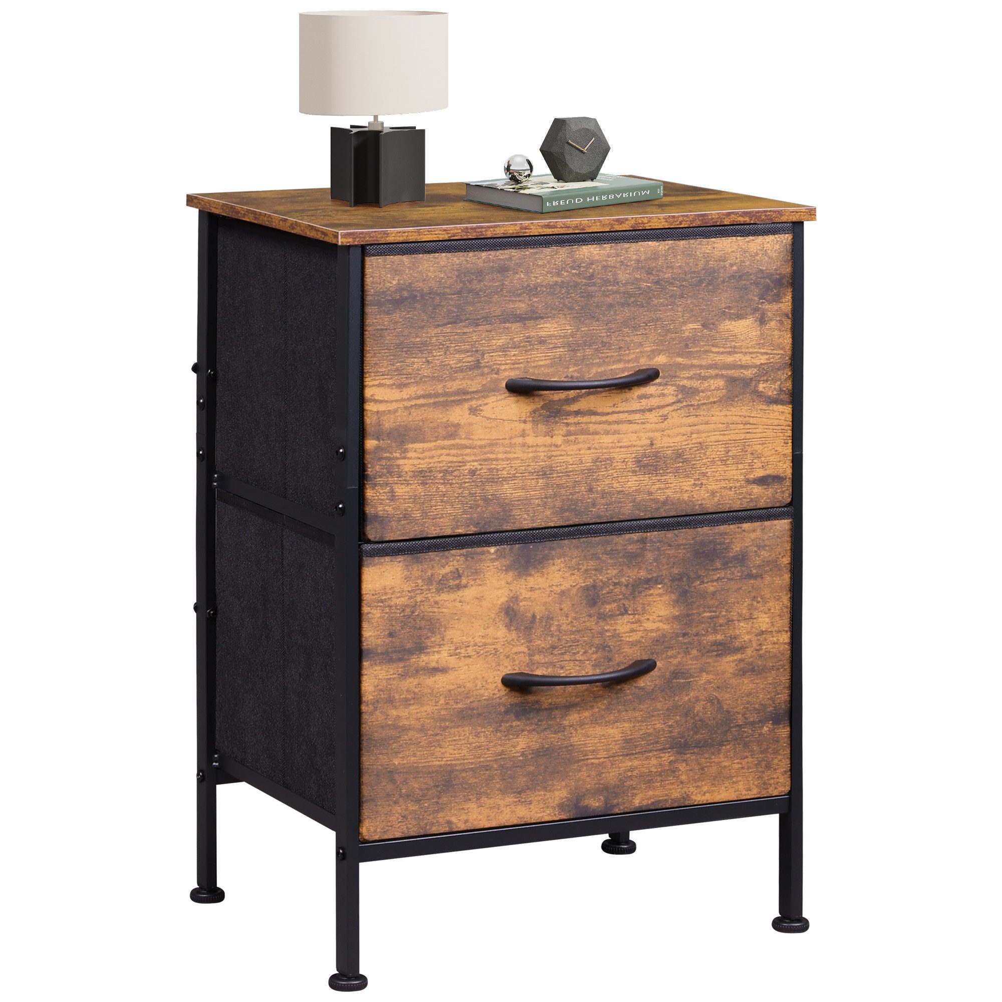 WLIVE Kommode Nachttisch mit 2 Stoffschubladen, 40×30×63 cm, Braun/Schwarz/Weiß (1 St), Beistelltisch mit Metallrahmen & Holzplatte, verstellbare Füße