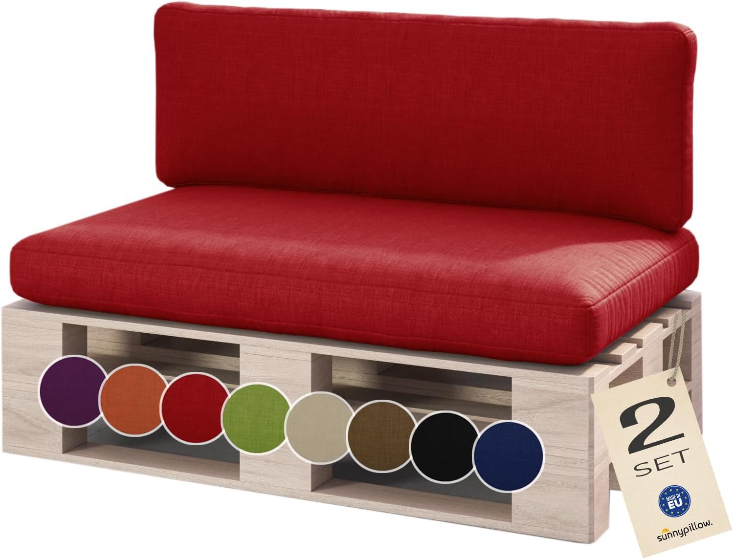 sunnypillow Palettenkissen Boston - Set Palettenauflage mit abnehmbarem Bezug, Indoor / Outdoor, 2er Set Sitzkissen + Rückenkissen