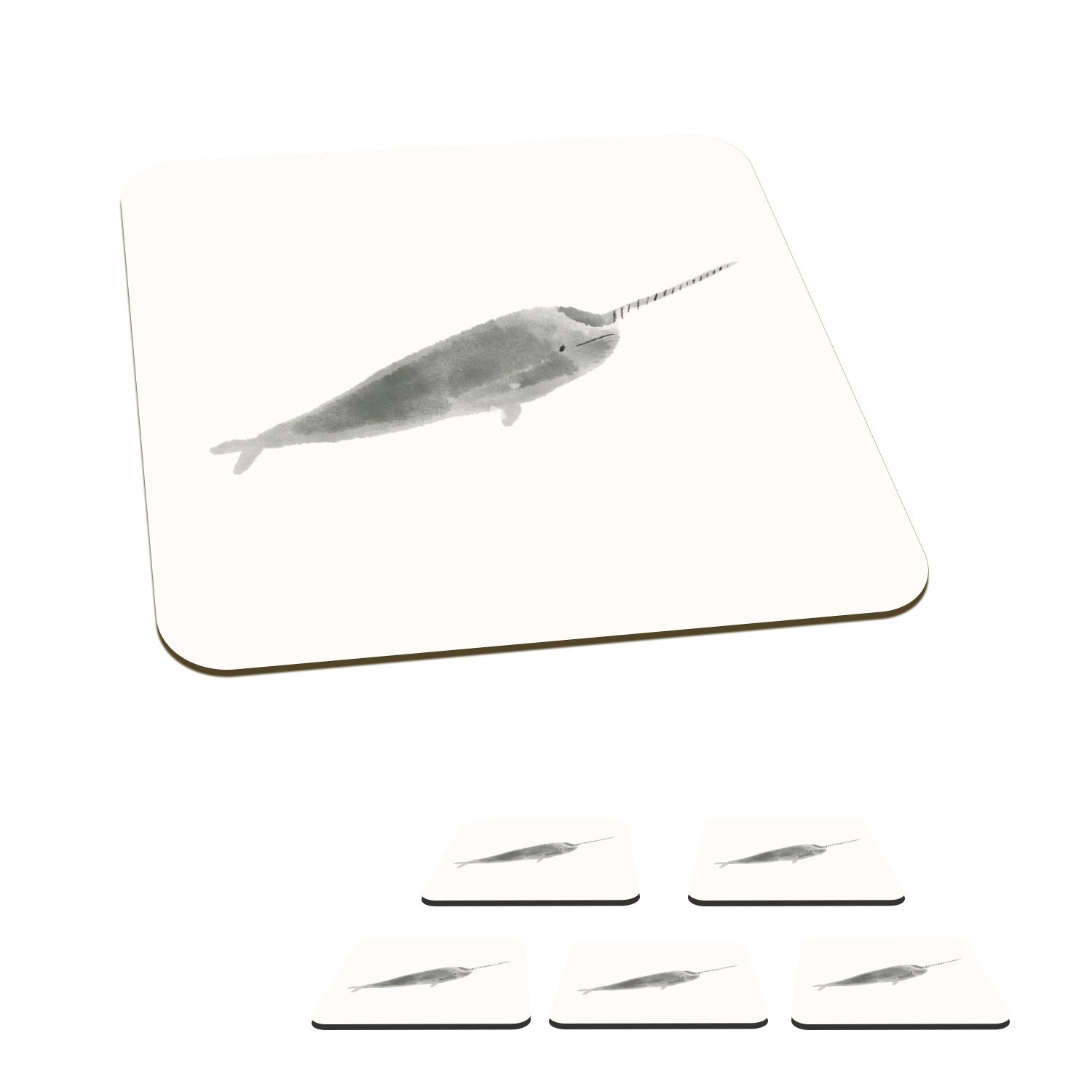 MuchoWow Glasuntersetzer Narwal - Tiere - Meer - Aquarell, Zubehör für Gläser, 6-tlg., Glasuntersetzer, Tischuntersetzer, Korkuntersetzer, Untersetzer, Tasse