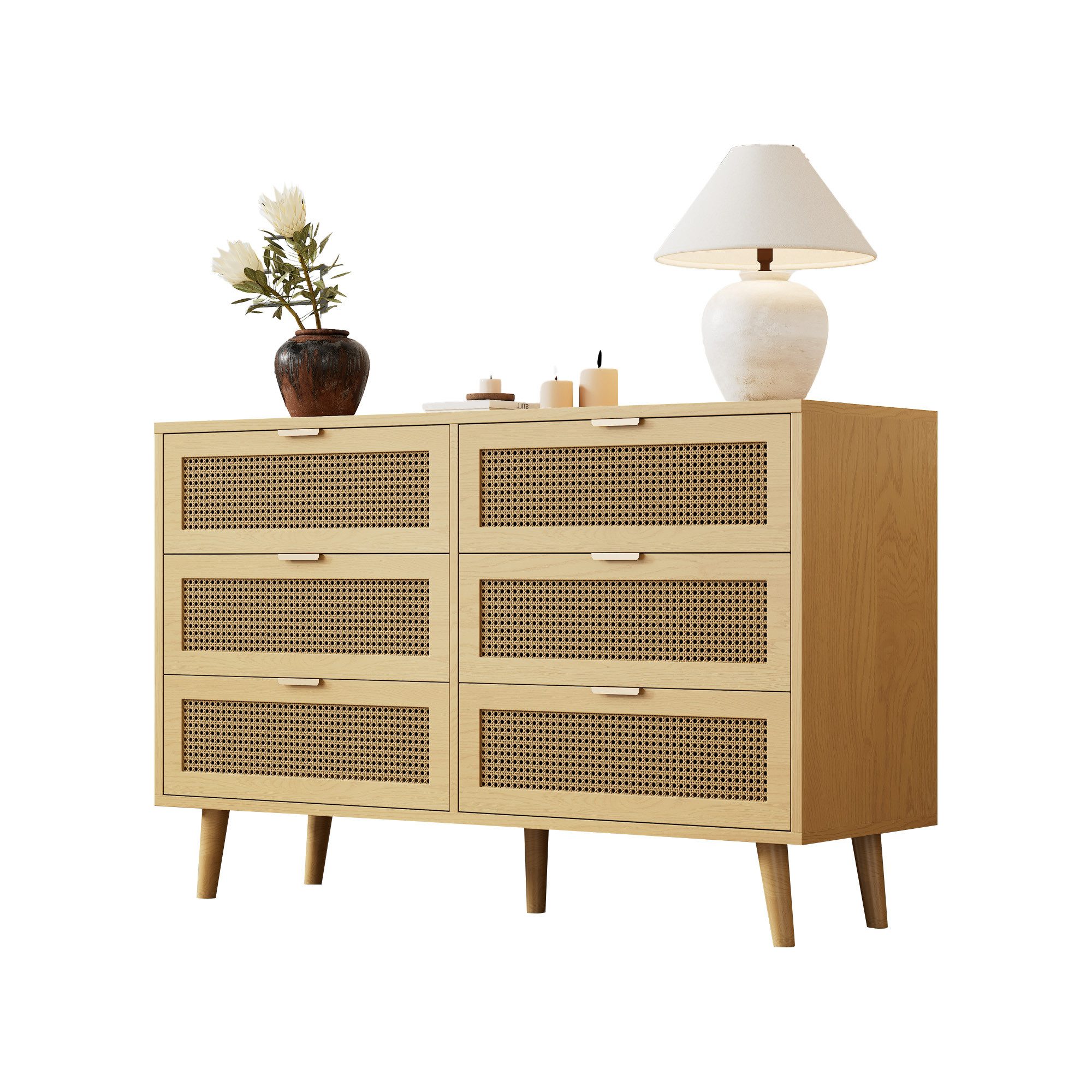 Merax Kommode mit 6 Schubladen, Schubkastenkommode,Sideboard Rattan geflecht,Massivholzbeine,B:120cm