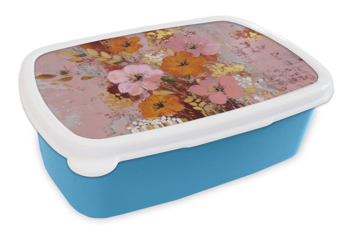 MuchoWow Lunchbox Malerei - Blumen - Rustikal - Rosa, Kunststoff, (2-tlg), Brotdose, Lunchbox, Brotbox für Kinder und Erwachsene