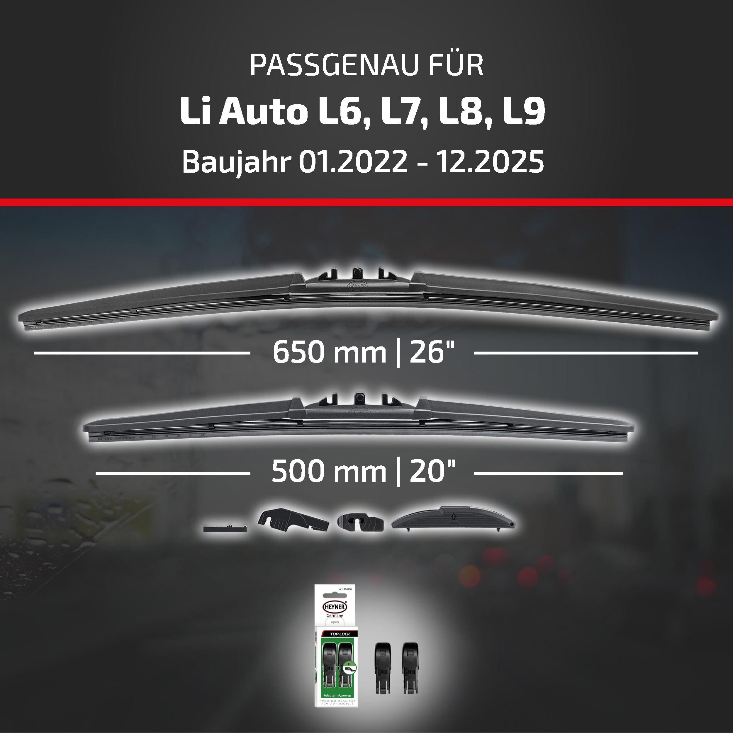 HEYNER Scheibenwischblätter passend für Li Auto L6, L7, L8, L9, 01.2022 - 12.2025, Frontscheibe, (Packung, 2-St., Scheibenwischer), mit Nano Graphit Beschichtung