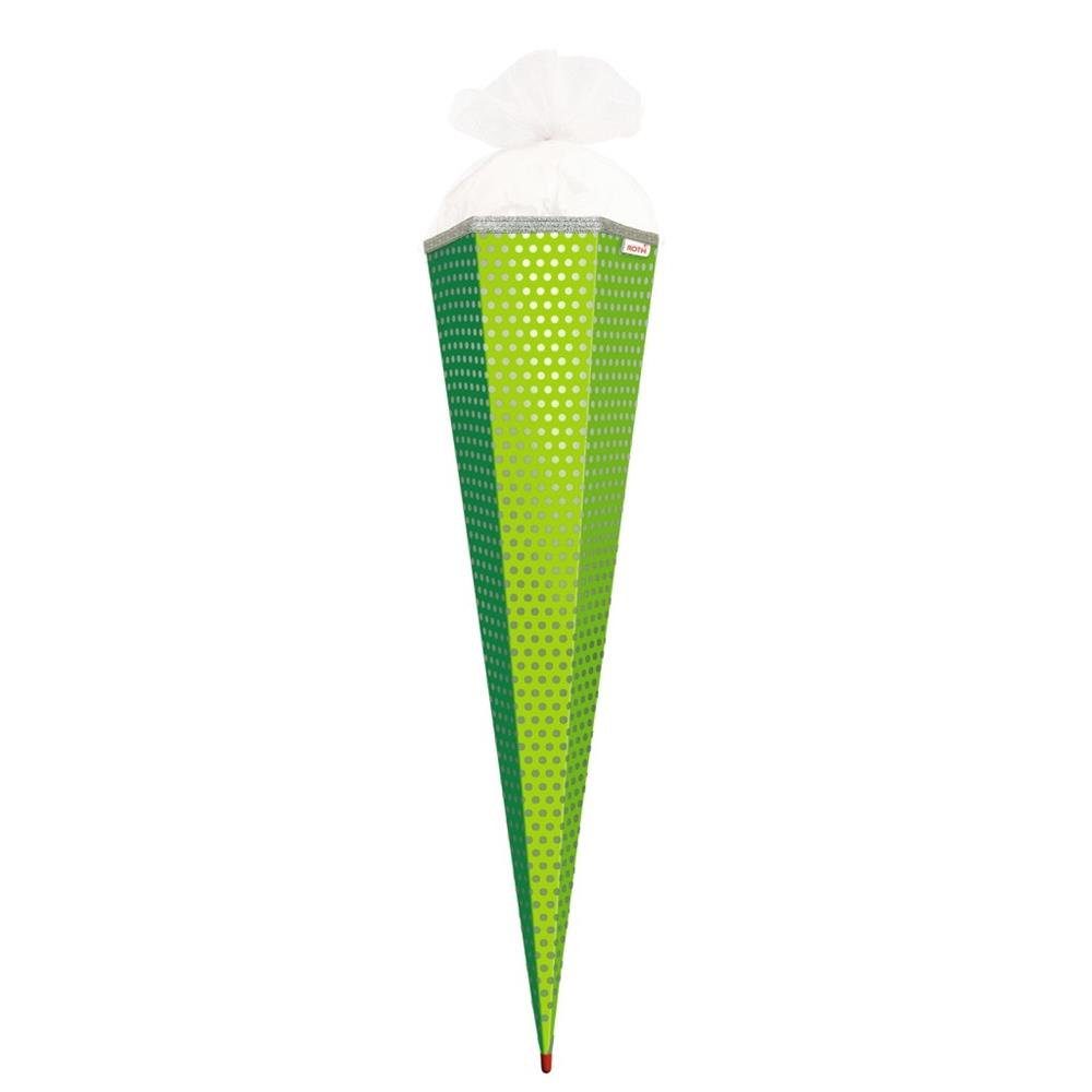 Roth Schultüte Basteltüte Grün-Punkte mit Folieneffekt, 85 cm, eckig, mit weißem Tüllverschluss, Rot(h)-Spitze