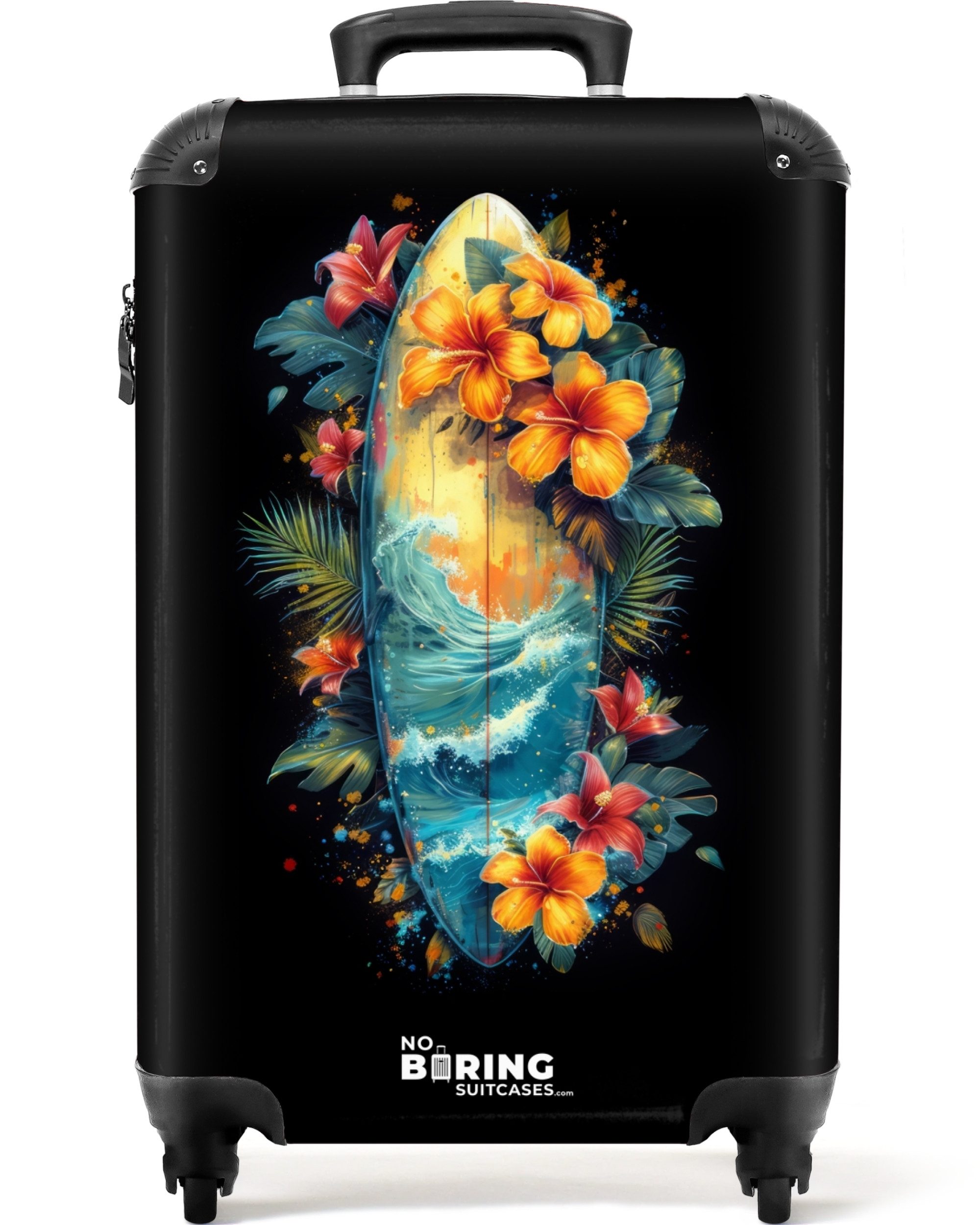 NoBoringSuitcases.com© Hartschalen-Trolley Surfbrett umgeben von Blumen 55x35x20cm, 4 Rollen, Reisetasche mit Rollen, Koffer Handgepäck Flugzeug