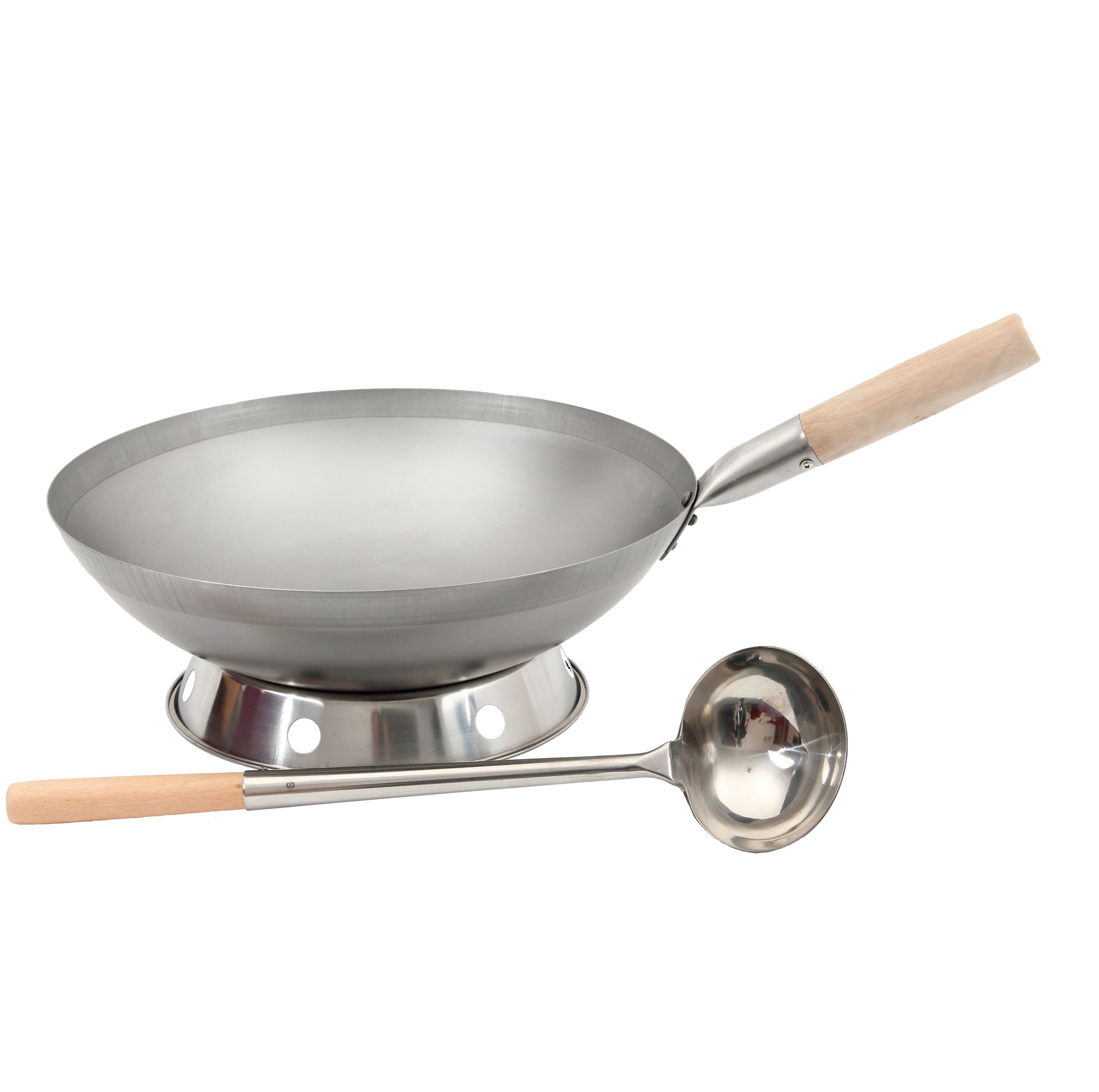 AAF Nommel Wok Wok Set mit Wok-Kelle und Wok-Ring, Karbon-Stahl (Wok Set, 1 Wok Ø 30 cm, 1 Wok-Kelle, 1 Wok-Ring), Natürliche Antihaftbeschichtung nach dem Einbrennen