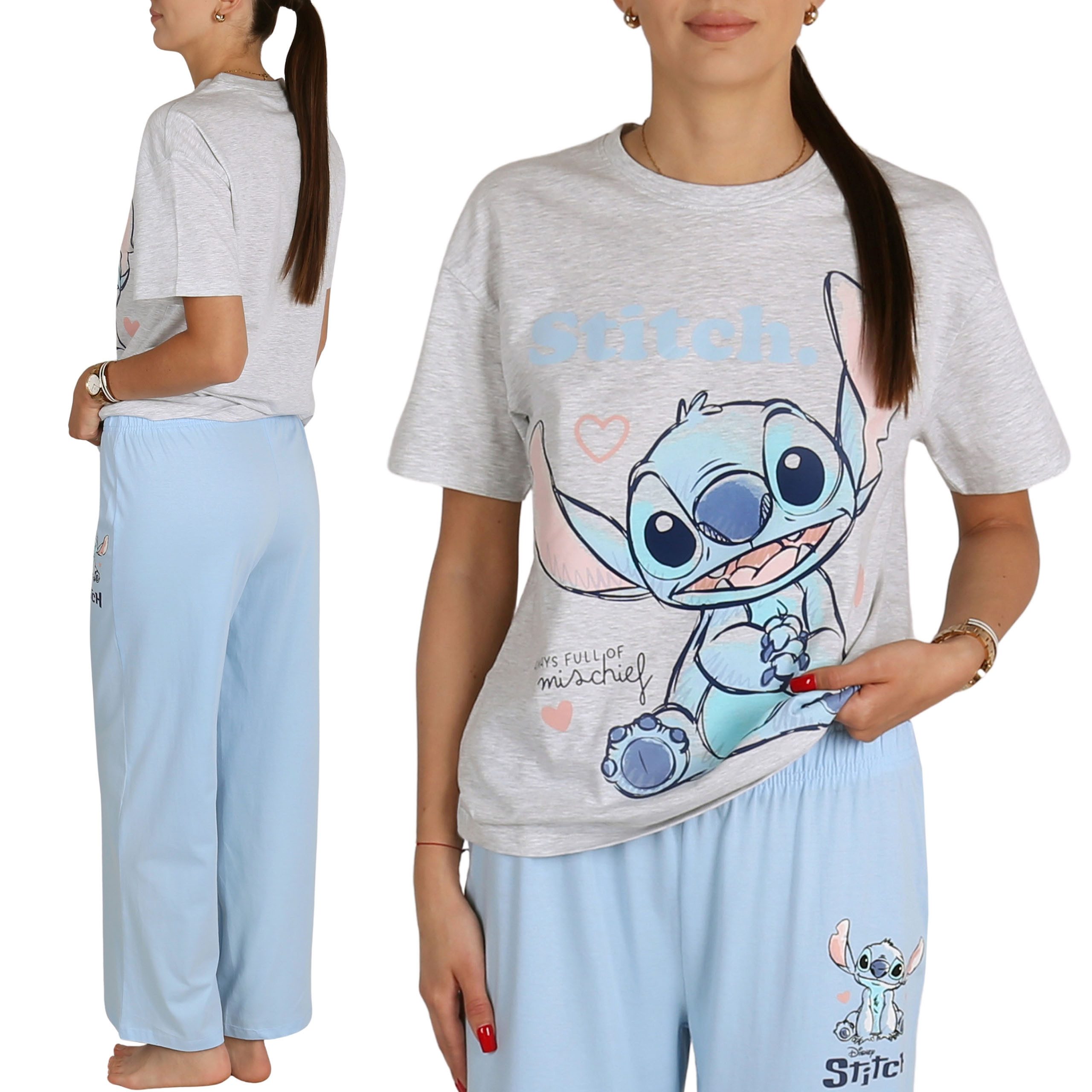 Schlafanzug DISNEY Stitch Damen-Baumwollpyjama, 2-teilig, Kurzarmshirt & Hose