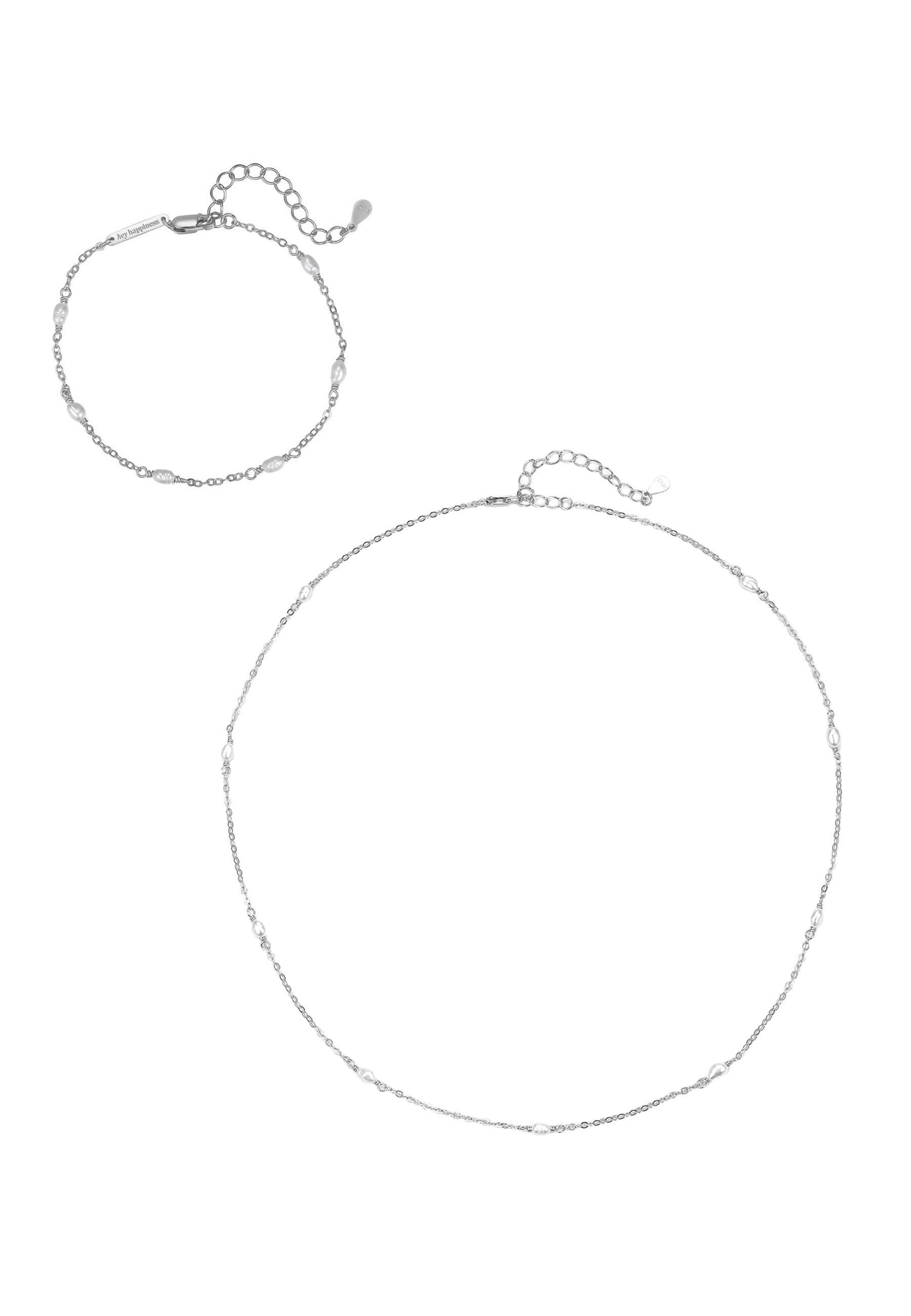 Hey Happiness Ketten und Armband Set Perlenzauber, Elegantes 2er Schmuckset 925 Silber, Zarte Perlenkette & Armband mit Perlen für Damen, mit Süßwasserperlen