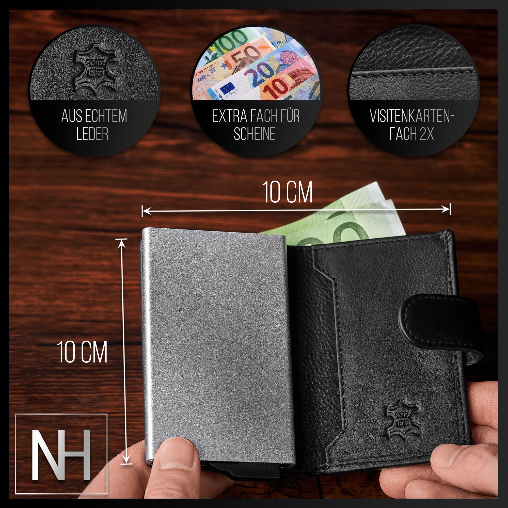 NilsHeese Geldbörse Kreditkartenetui Wallet Schwarz Leder integrierten Druckknopfverschluss Geldbeutel, RFID-Blocker, Leder, Geldbörse
