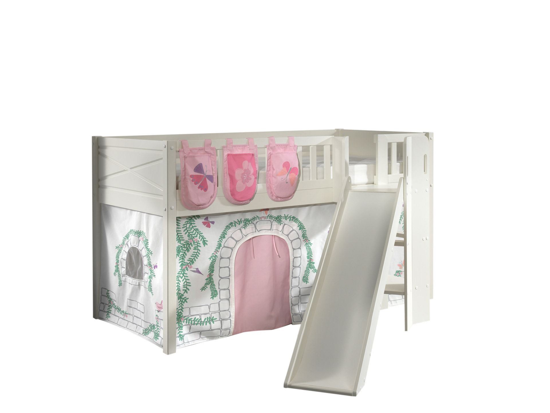 58 aufm Kessel Bettgestell Spielbett mit Rutsche Karyl 208x204x114 Kinderbett Massivholz Birdy (inkl. Versand, Lieferung bis Verwendungsstelle), Liegefläche 90 x 200, Rutsche im 33° Winkel, Rolllattenrost, Textilset